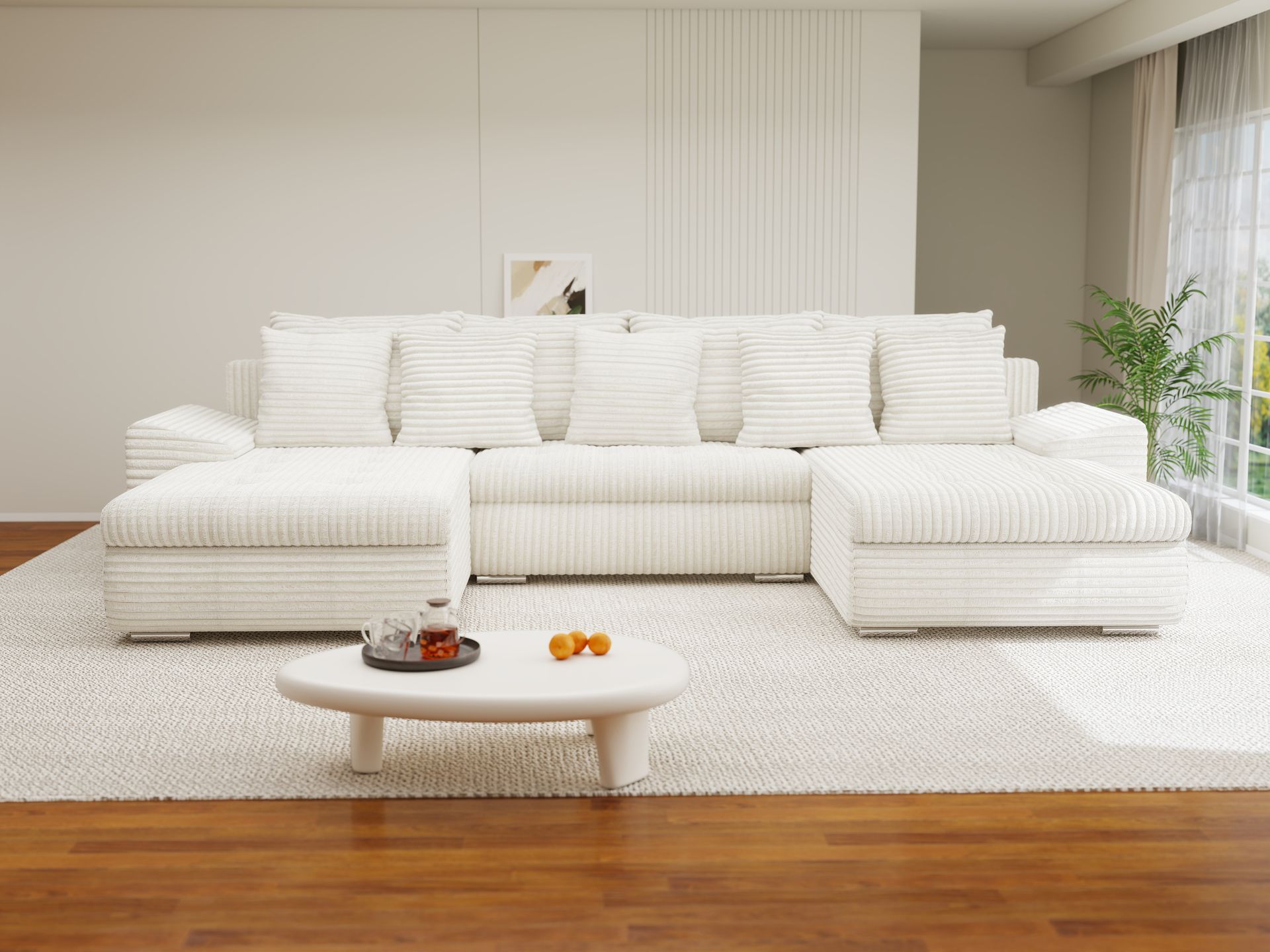 Colțar extensibil dumonde cu ladă de depozitare si sezut confortabil din spuma high-density, Leonardo U Tilia Bej 01 360x185 cm