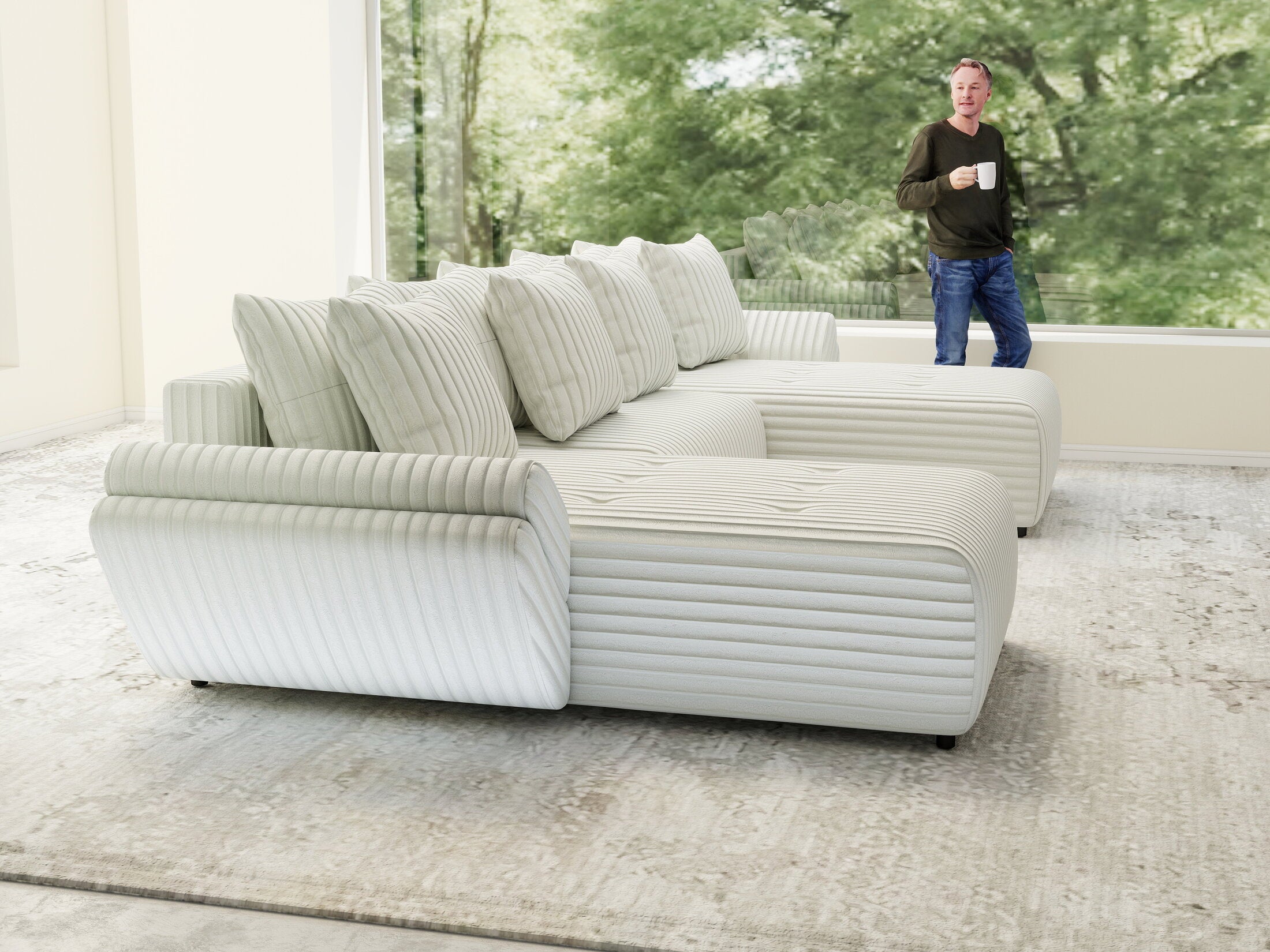 Colțar extensibil dumonde cu ladă de depozitare si sezut confortabil din spuma HR, Berlin U Ambience Ivory 380x180 cm