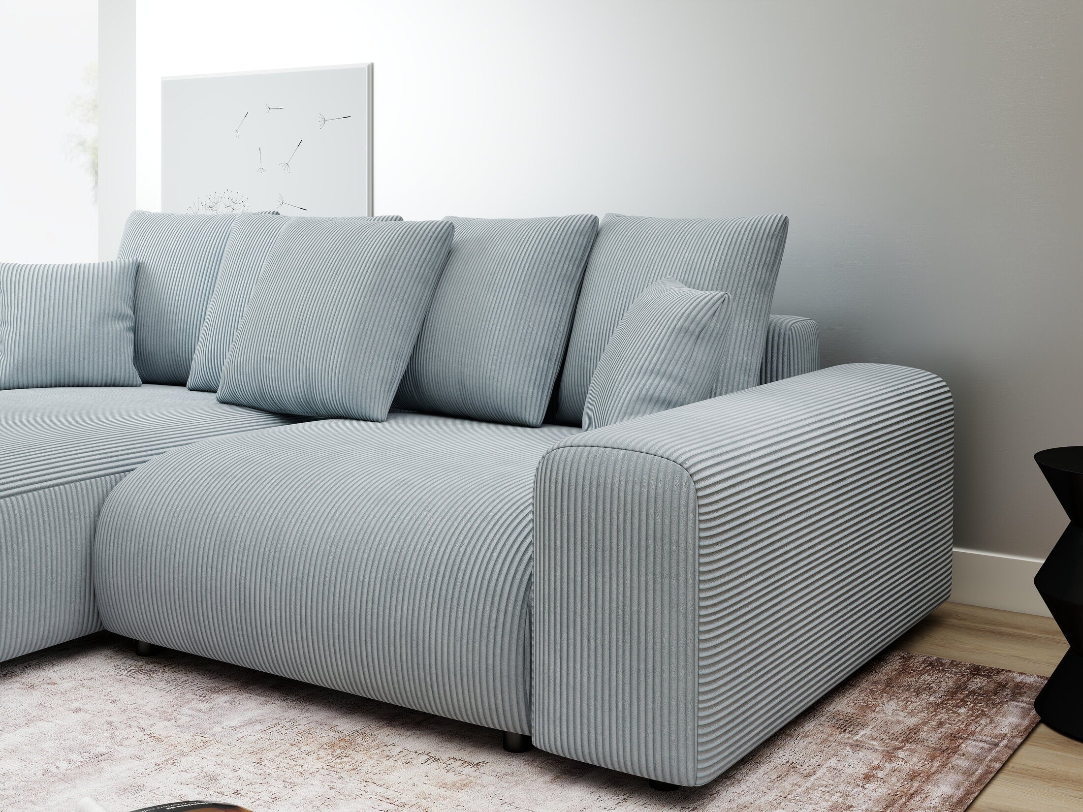 Colțar extensibil dumonde cu ladă de depozitare și șezut confortabil din spumă HR, Luma Zoom Gri Mint 255x168 cm