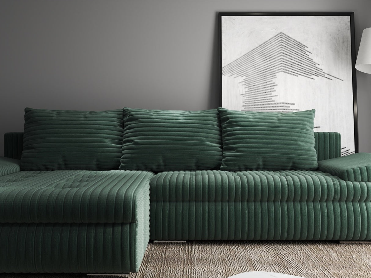 Colțar extensibil dumonde cu ladă de depozitare si sezut confortabil din spuma HR, Leonardo Ambience Verde 255x193 cm