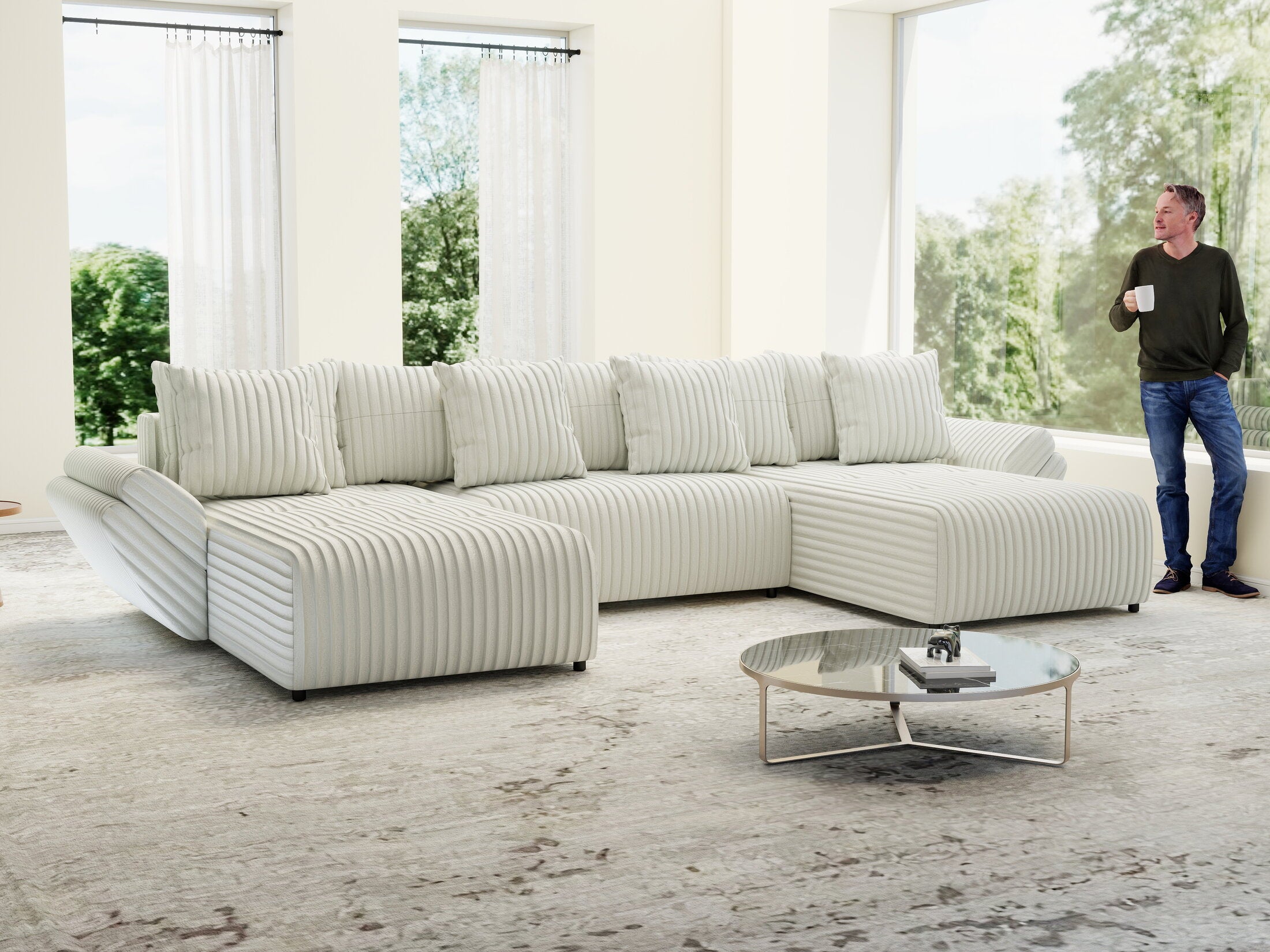 Colțar extensibil dumonde cu ladă de depozitare si sezut confortabil din spuma HR, Berlin U Ambience Ivory 380x180 cm