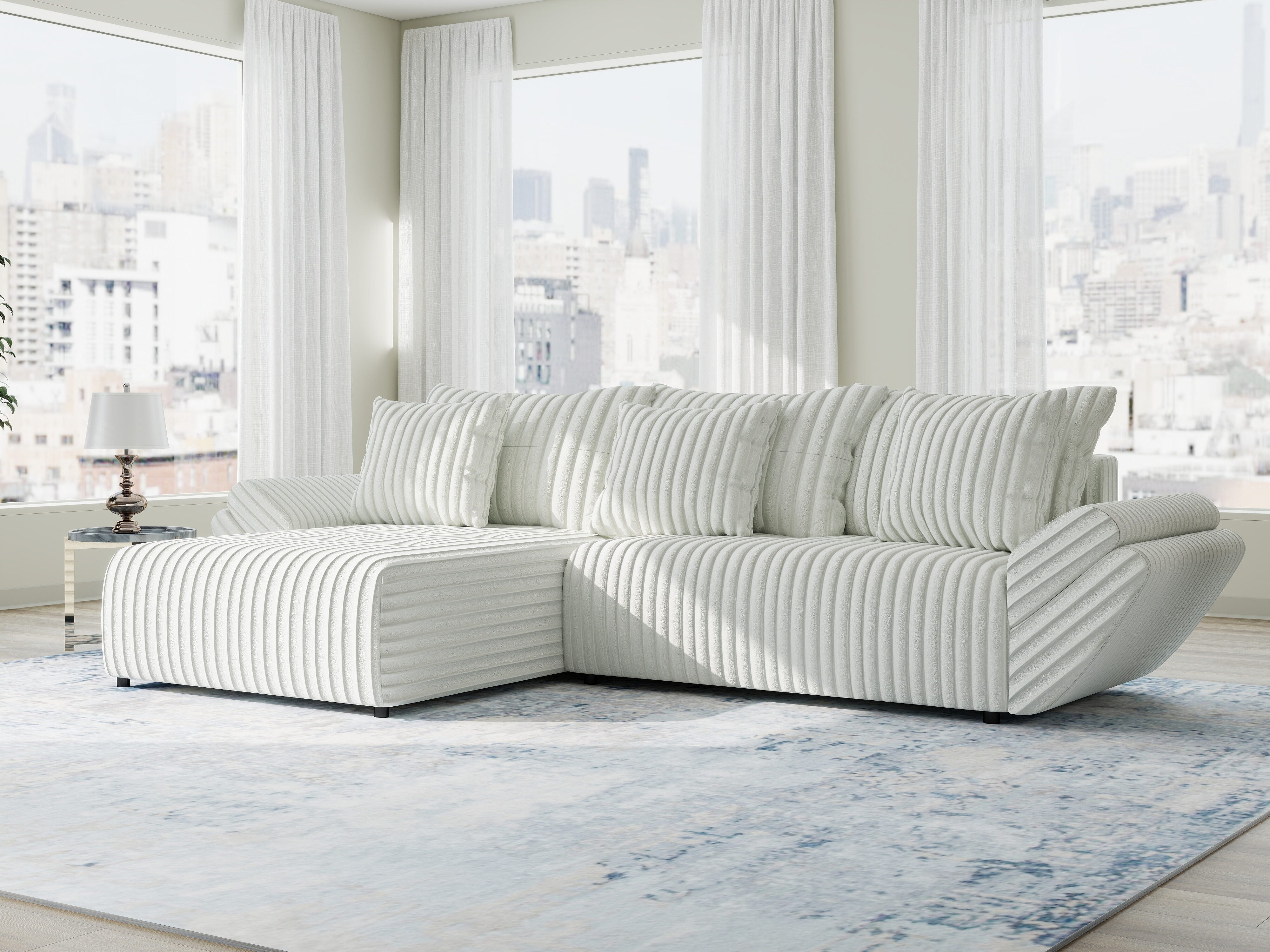 Colțar extensibil dumonde cu ladă de depozitare si sezut confortabil din spuma HR, Berlin Ambience Alb 280x185 cm