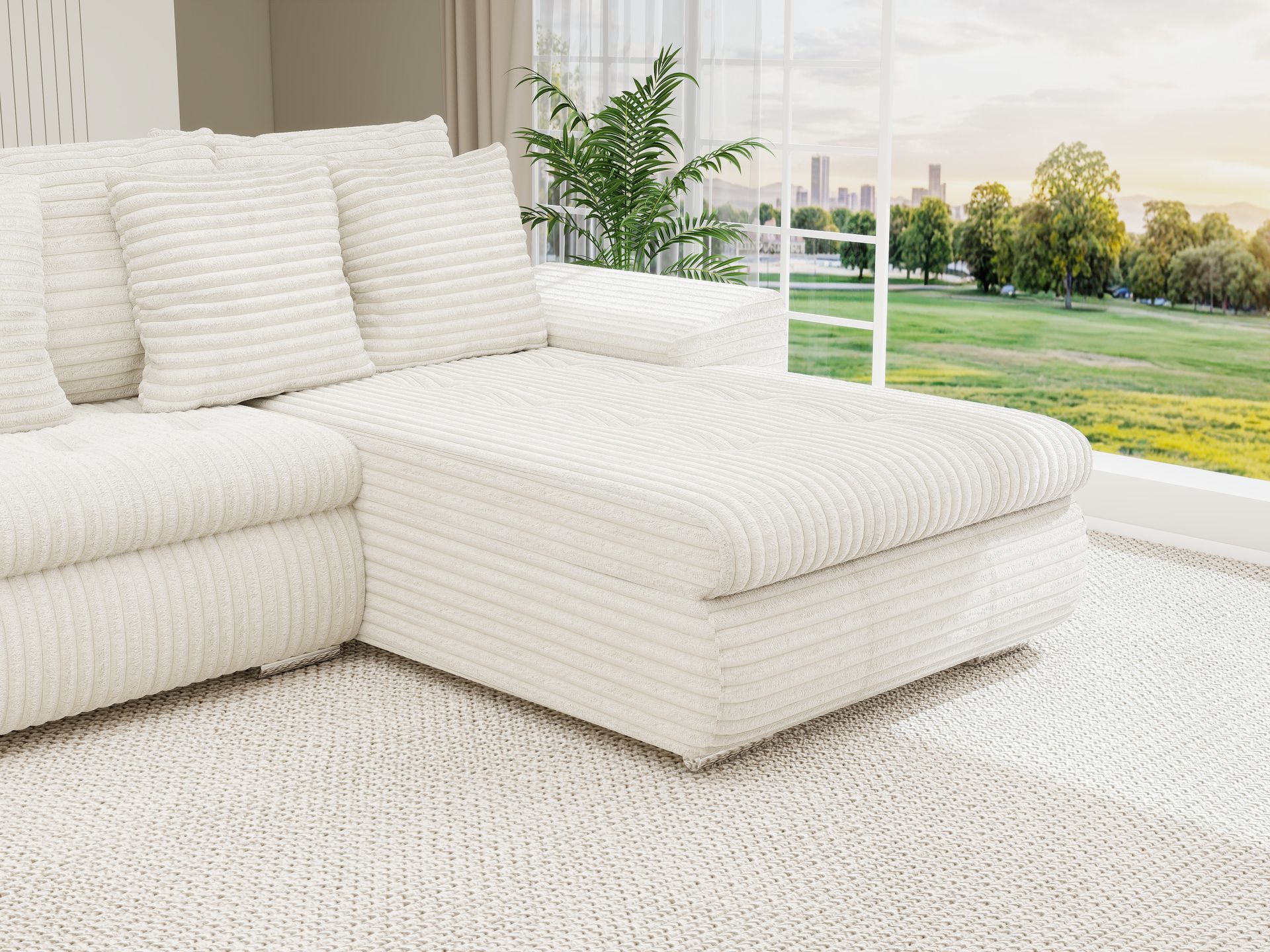 Colțar extensibil dumonde cu ladă de depozitare si sezut confortabil din spuma high-density, Leonardo U Tilia Bej 01 360x185 cm