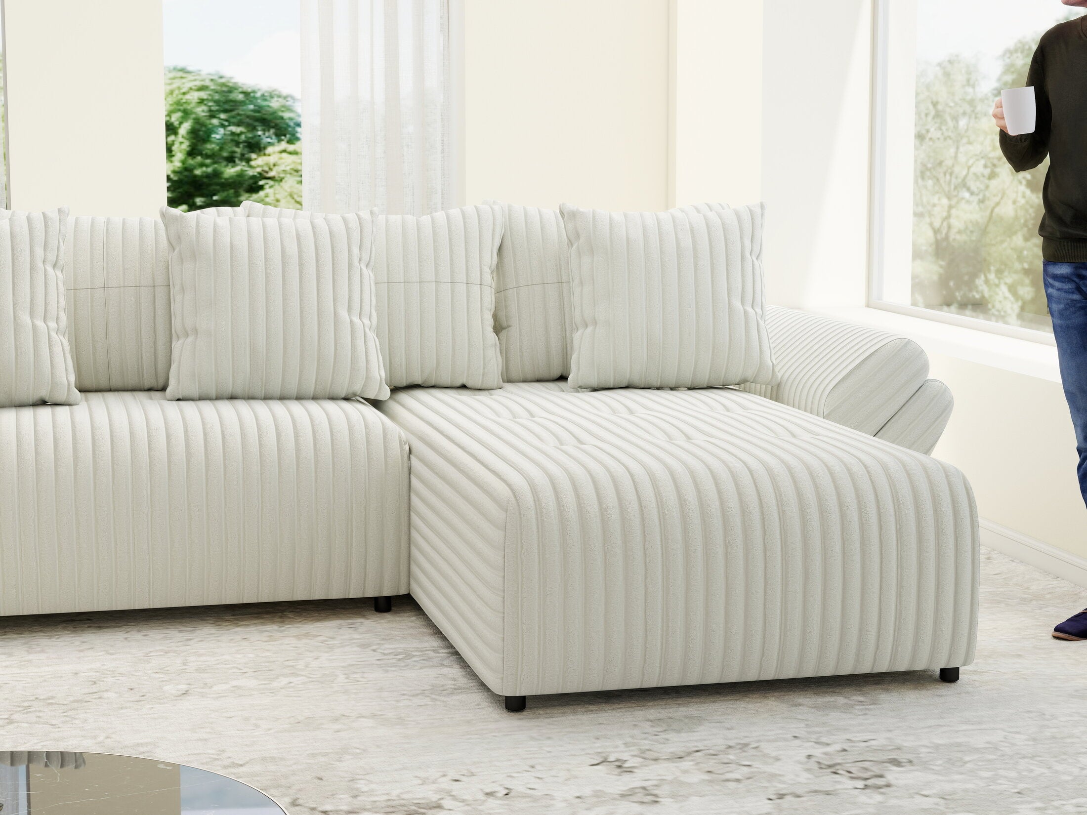 Colțar extensibil dumonde cu ladă de depozitare si sezut confortabil din spuma HR, Berlin U Ambience Ivory 380x180 cm