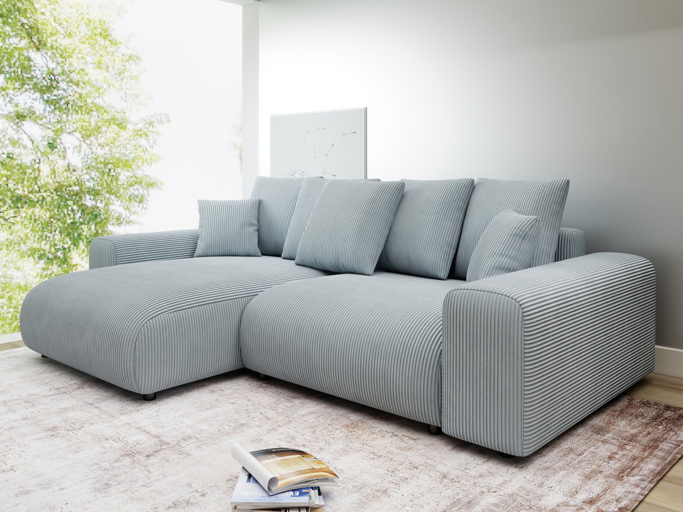 Colțar extensibil dumonde cu ladă de depozitare și șezut confortabil din spumă HR, Luma Zoom Gri Mint 255x168 cm