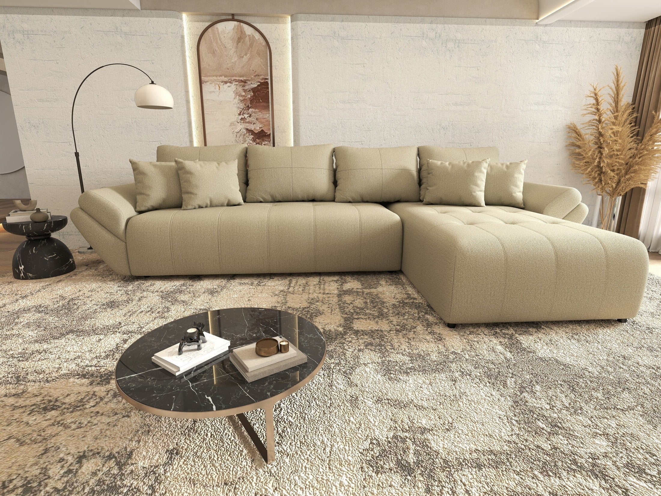 Colțar extensibil dumonde cu ladă de depozitare si sezut confortabil din spuma HR, Berlin XL Enjoy Camel 350x185 cm II