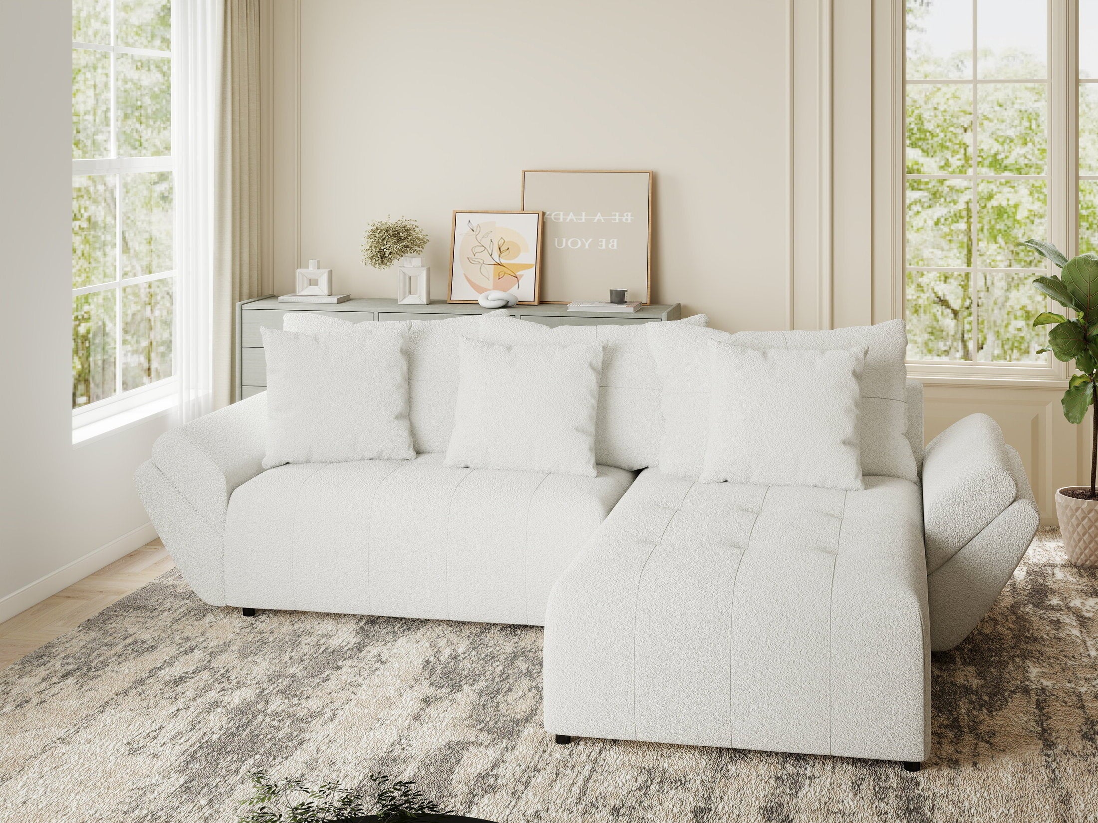 Colțar extensibil dumonde cu ladă de depozitare si sezut confortabil din spuma HR, Berlin Euphoria Alb 280x185 cm II