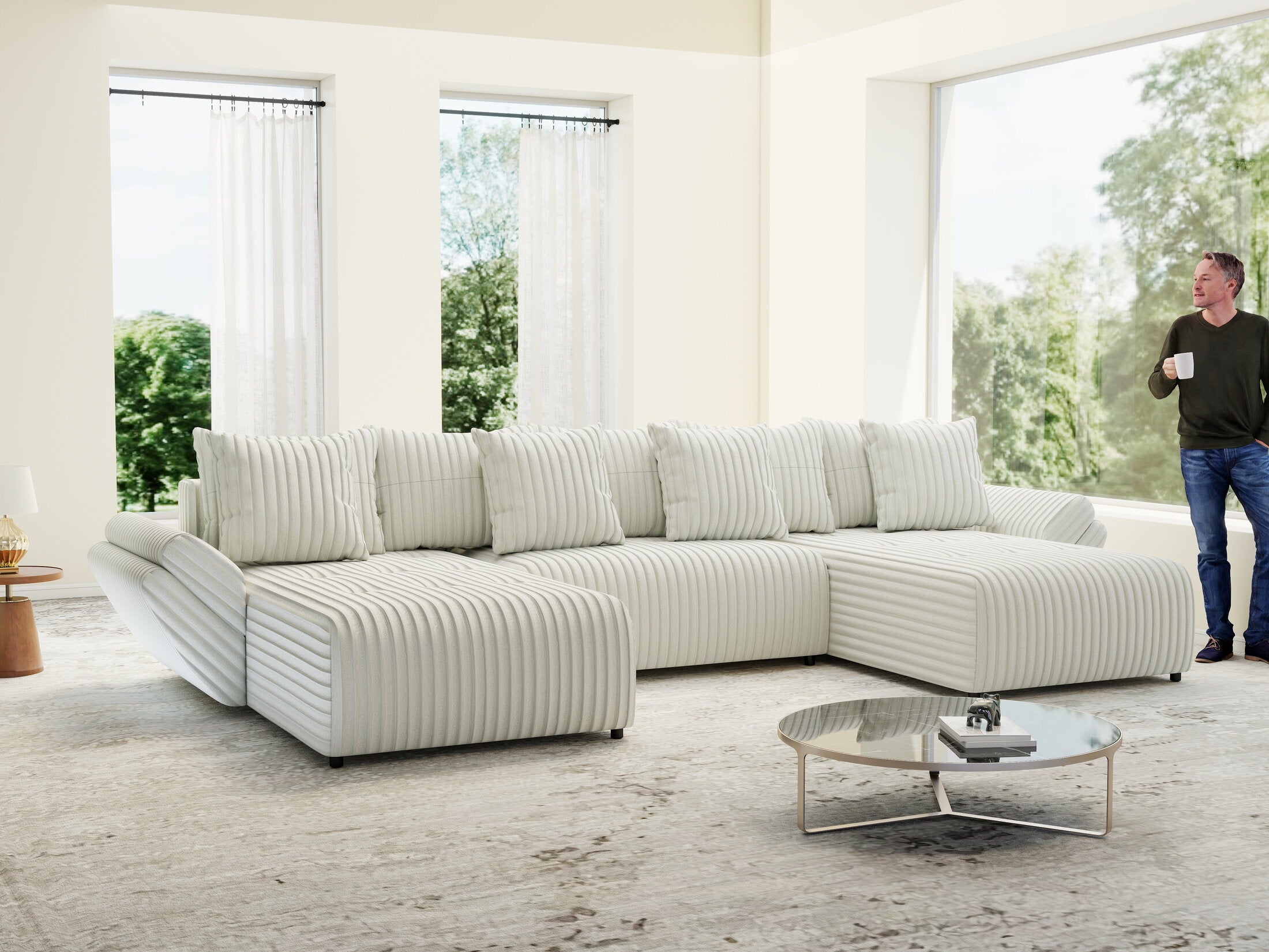 Colțar extensibil dumonde cu ladă de depozitare si sezut confortabil din spuma HR, Berlin U Ambience Ivory 380x180 cm