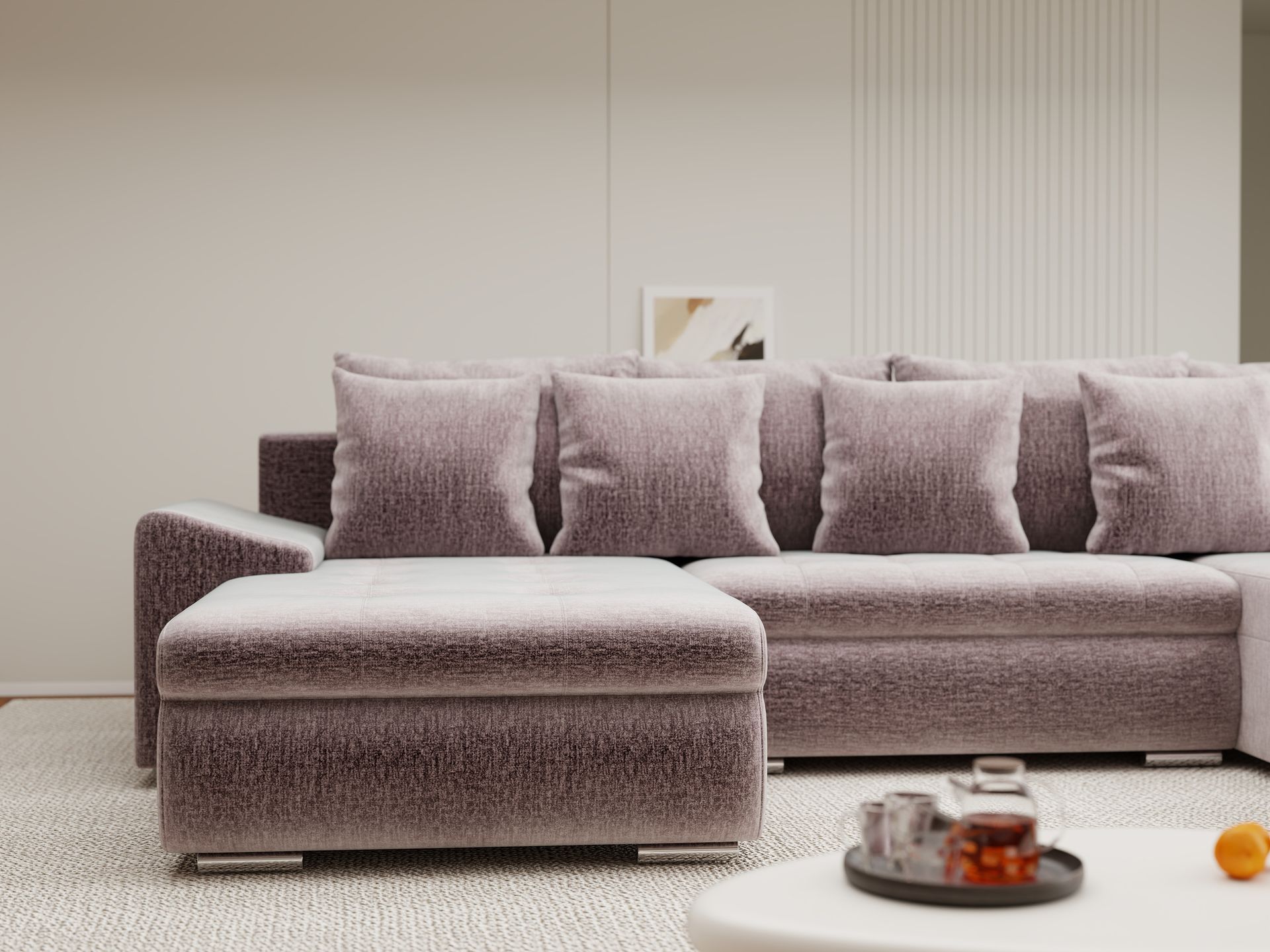 Colțar extensibil dumonde cu ladă de depozitare si sezut confortabil din spuma high-density, Leonardo U Monolith Roz Pudrat 62 360x185 cm