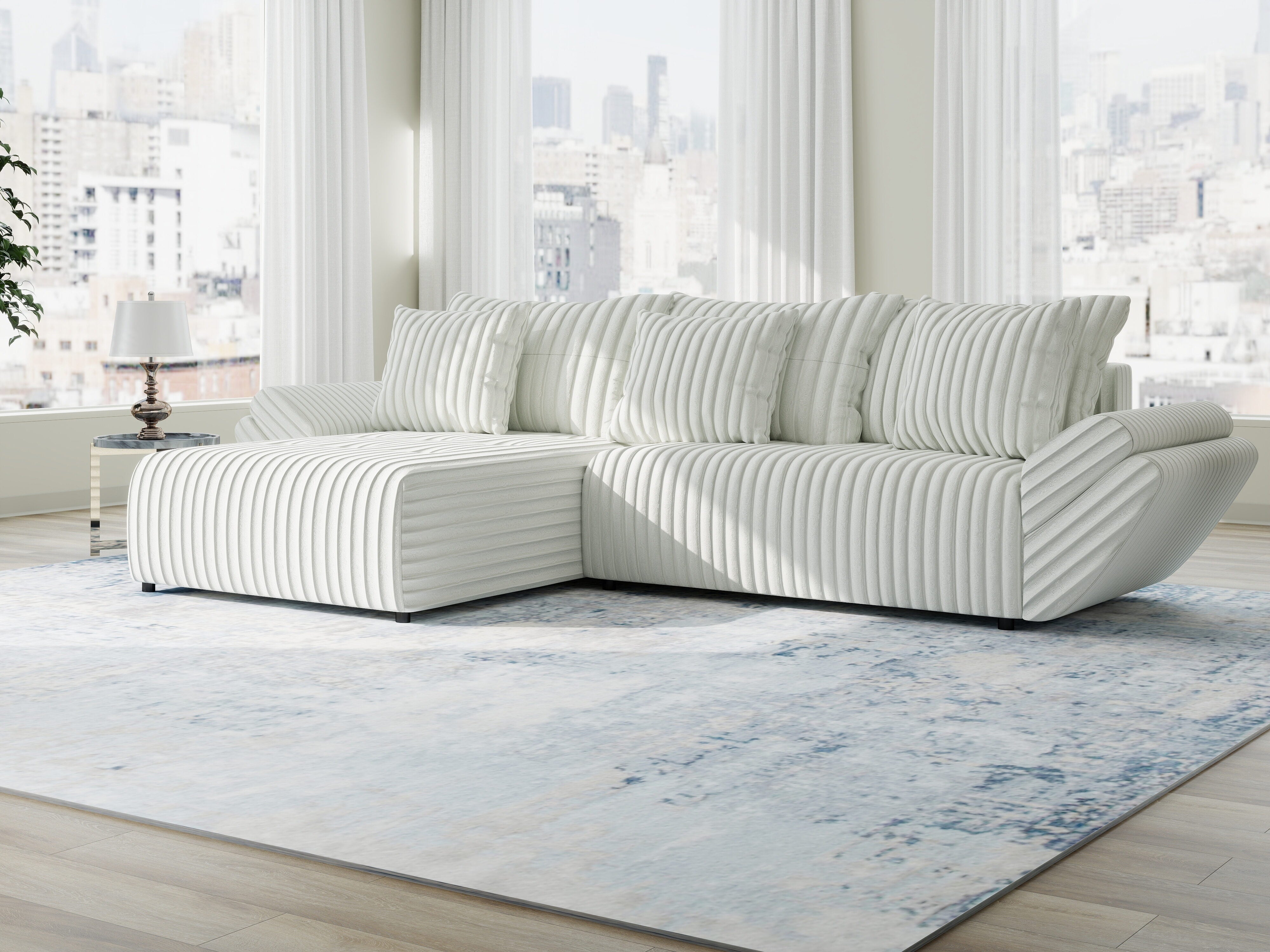 Colțar extensibil dumonde cu ladă de depozitare si sezut confortabil din spuma HR, Berlin Ambience Alb 280x185 cm