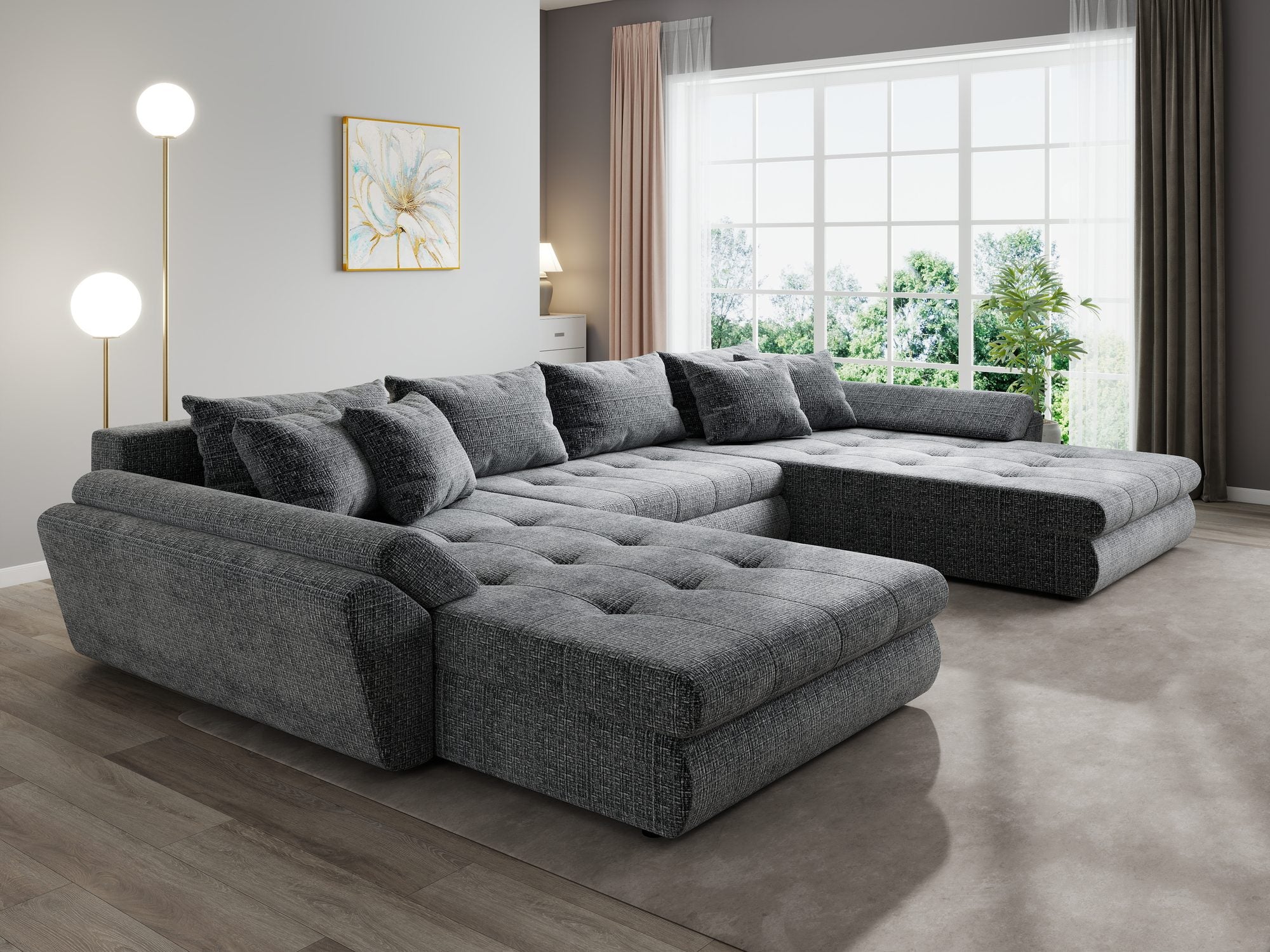 Colțar extensibil dumonde cu ladă de depozitare si sezut confortabil din spuma high-density, Loana U Cremona Gri 95 355x185 cm