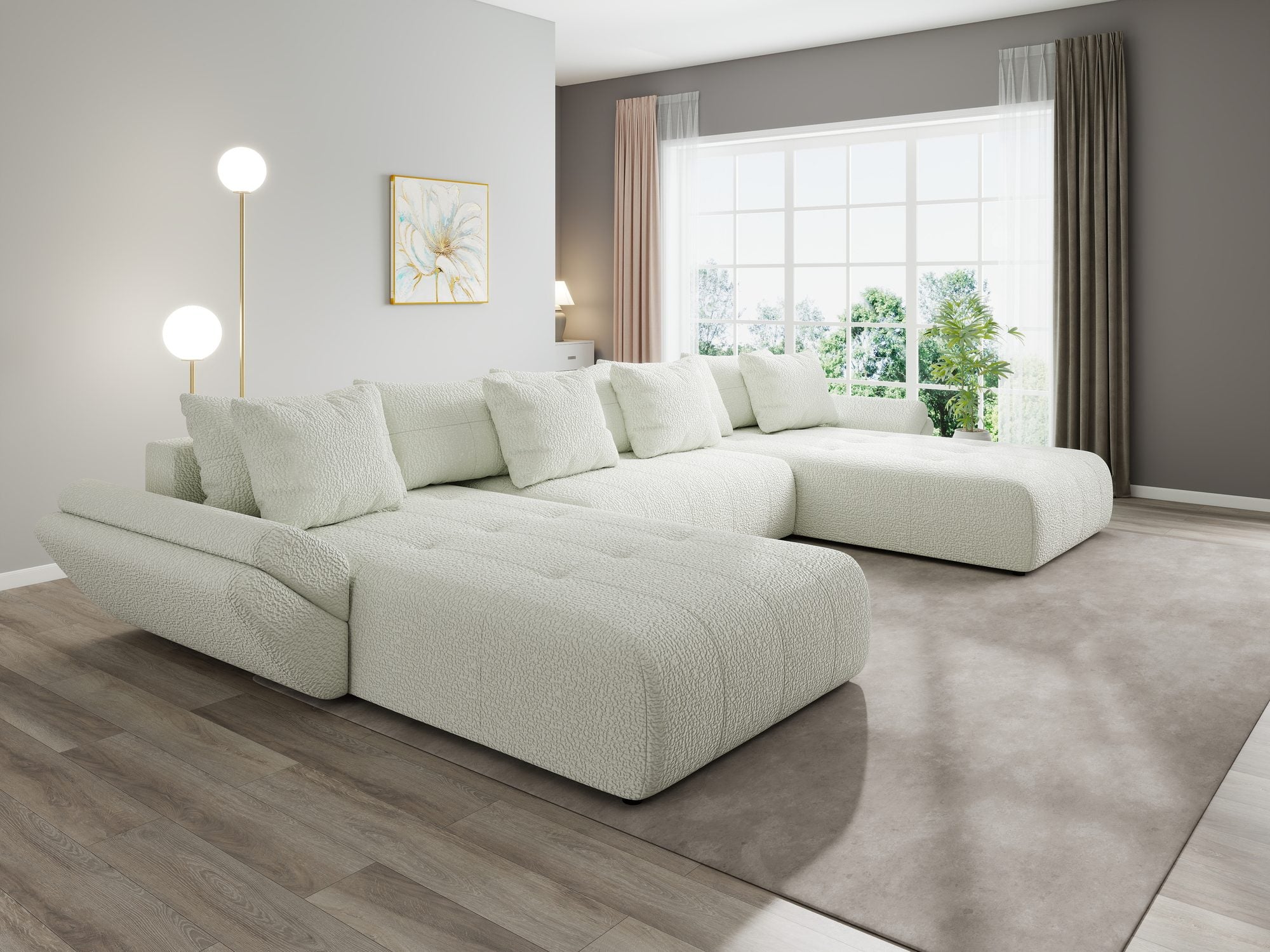 Colțar extensibil dumonde cu ladă de depozitare si sezut confortabil din spuma high-density, Berlin U Jaguar Ivory 1 380x180 cm