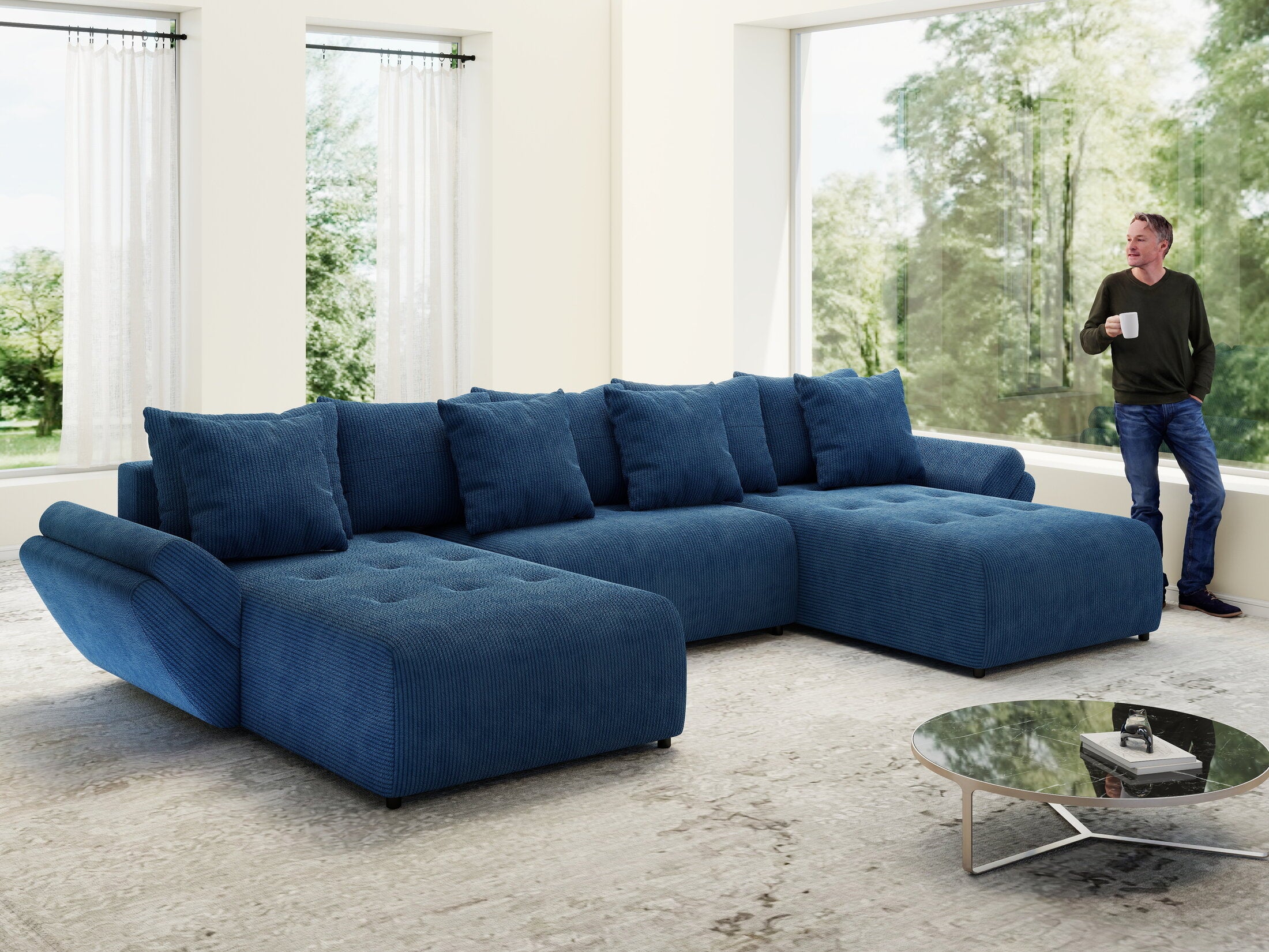 Colțar extensibil dumonde cu ladă de depozitare Berlin U Zoom Blue 400x185 cm