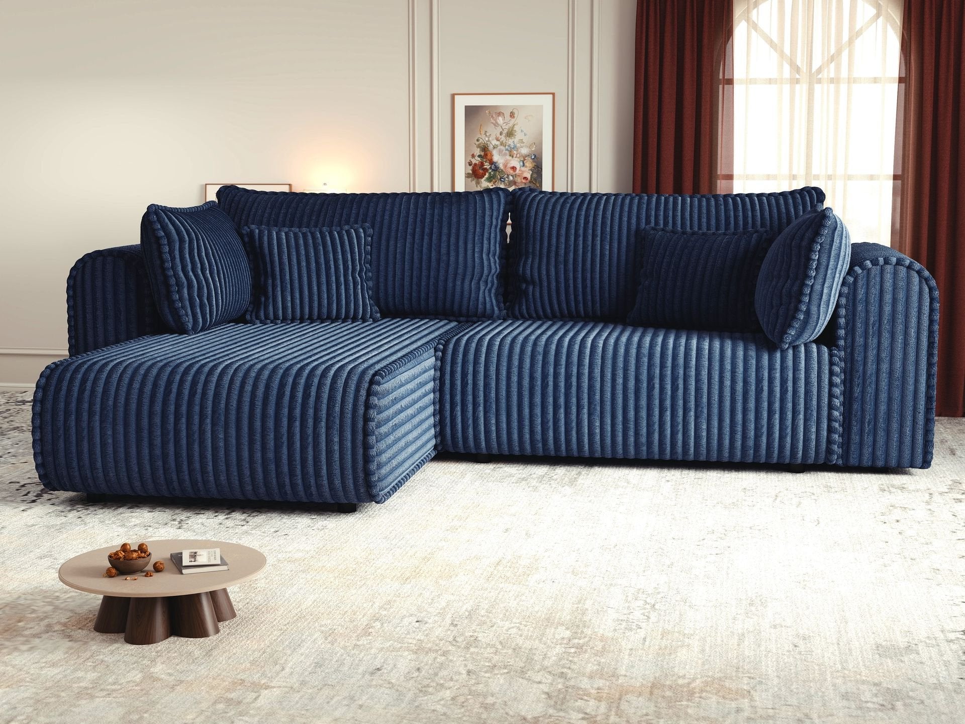 Colțar extensibil dumonde cu ladă de depozitare si sezut confortabil din spuma high-density, Monaco L Tilia Albastru 270x100 cm