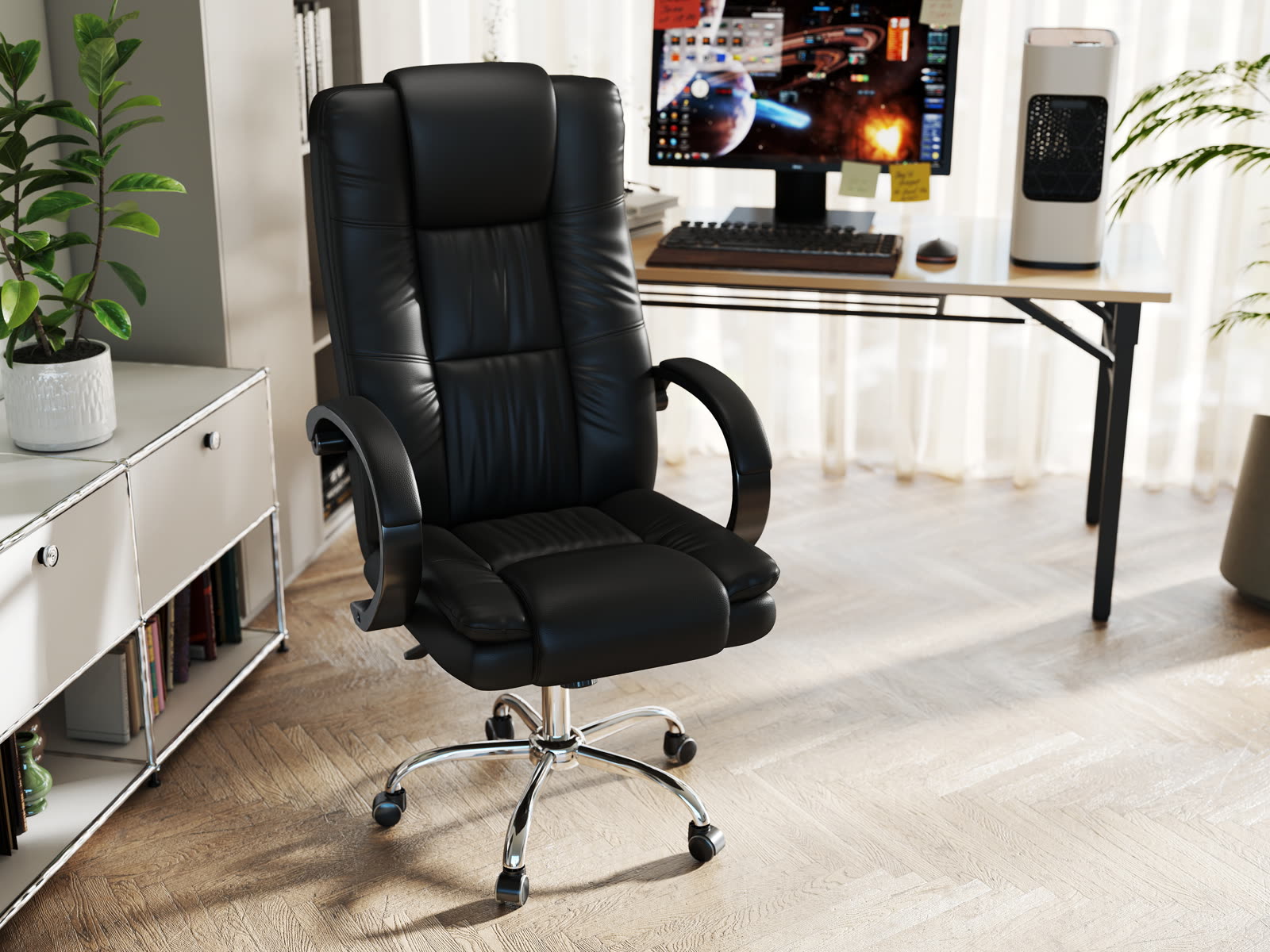 Scaun Dumonde IRONCLAD, cotiere 3D, mecanism multifuncțional, ecopiele, suport picioare, negru