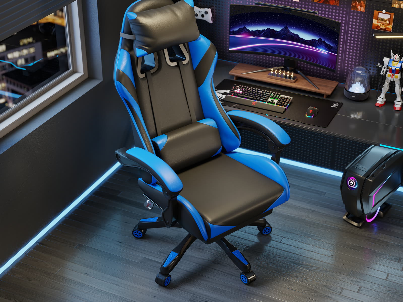 Scaun gaming Dumonde PREDATOR, mecanism multifuncțional, ecopiele, suport picioare, albastru/negru