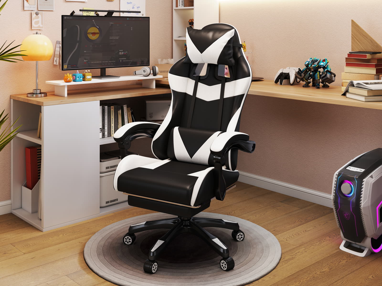 Scaun gaming Dumonde NOVA, mecanism multifuncțional, ecopiele, suport picioare, alb/negru