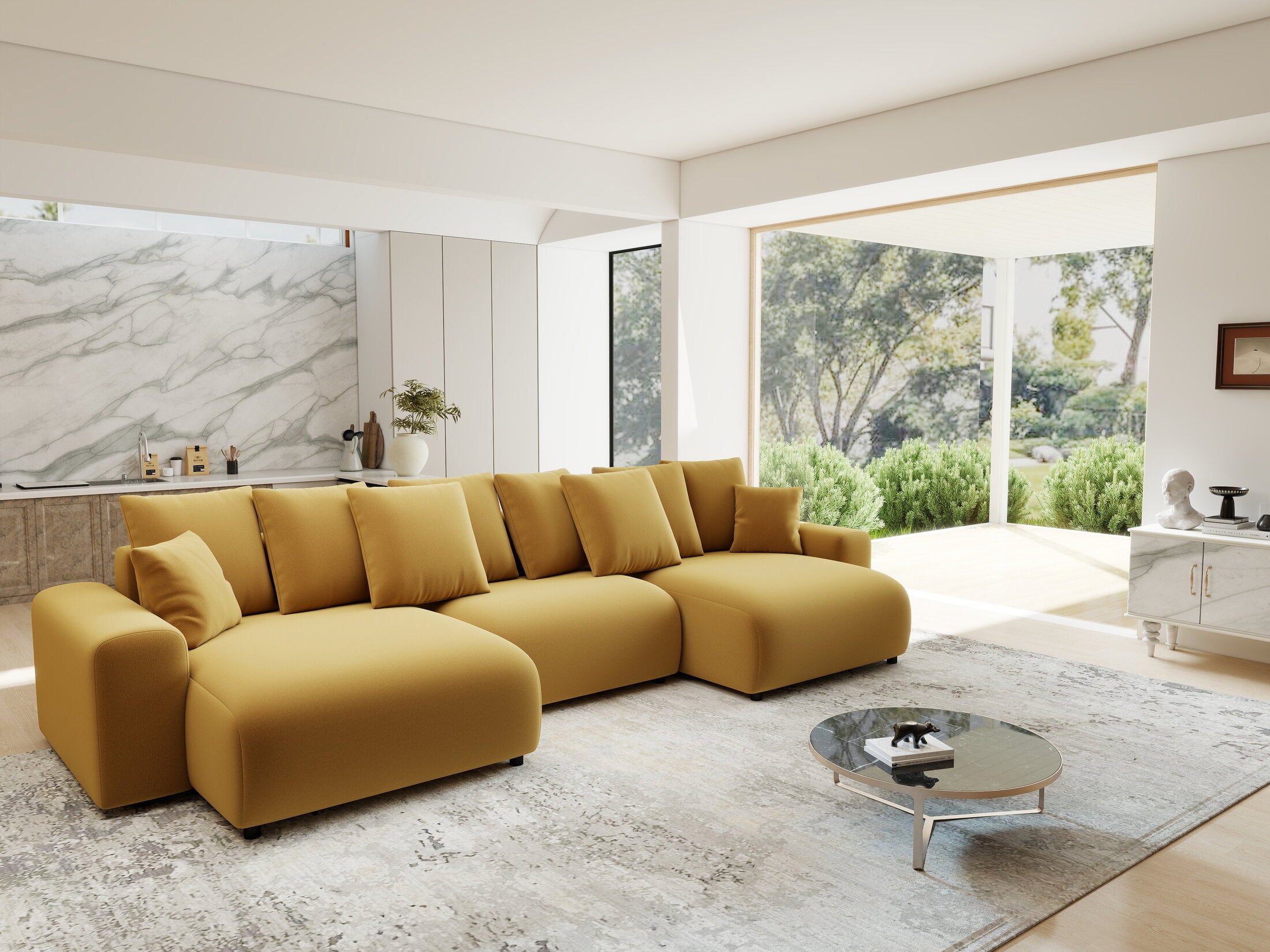 Colțar extensibil dumonde cu ladă de depozitare si sezut confortabil din spuma HR, Luma U Royal Mustar 336x140 cm