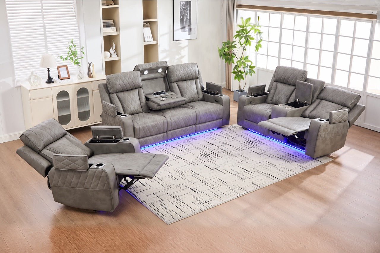 Set canapele dumonde 3+2+1, reclinere electrice, incarcare wireless, USB-C, suport pahare incalzite, lumini LED Selvar