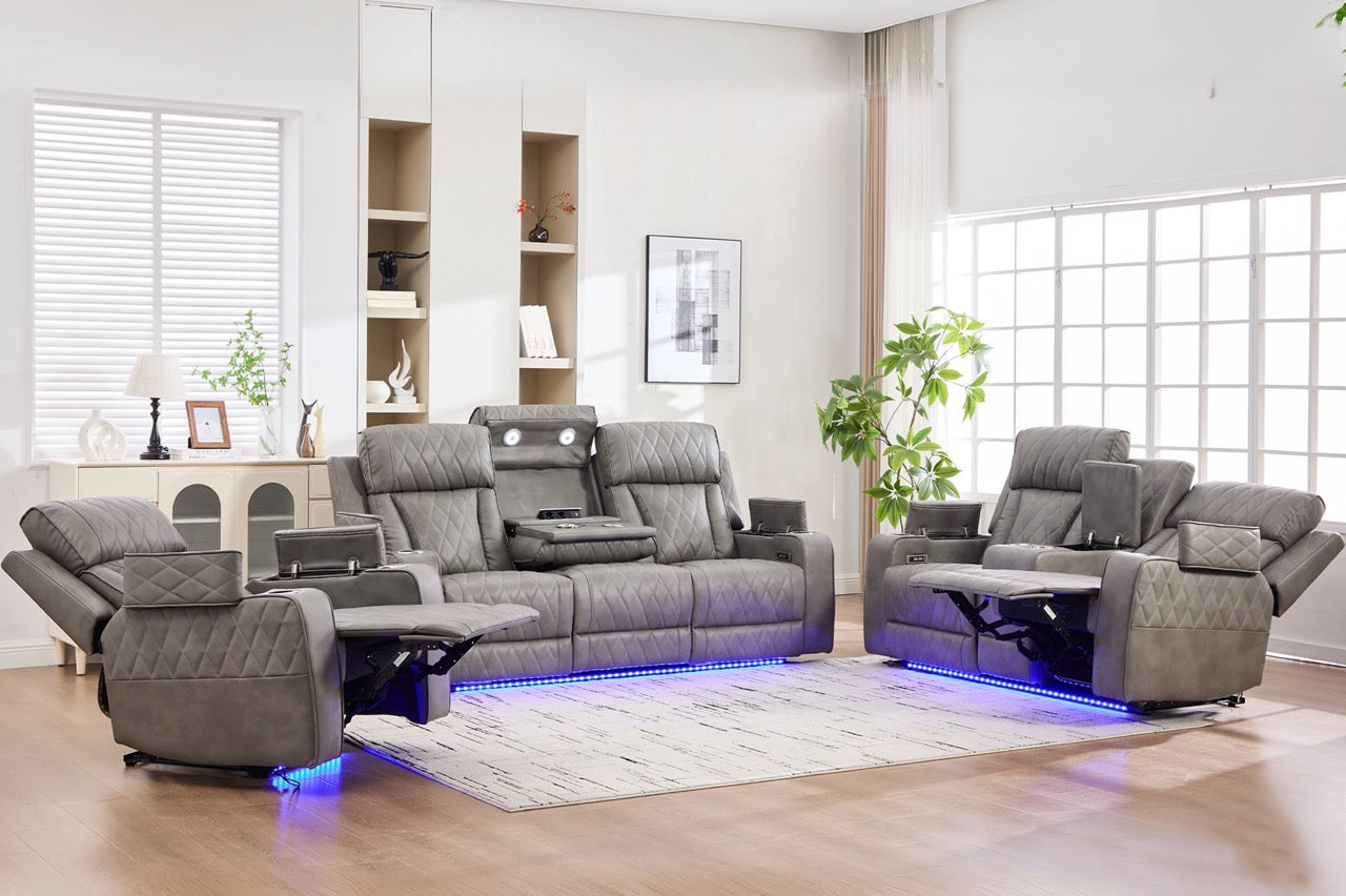 Set canapele dumonde 3+2+1, reclinere electrice, incarcare wireless, USB-C, suport pahare incalzite, lumini LED Selvar