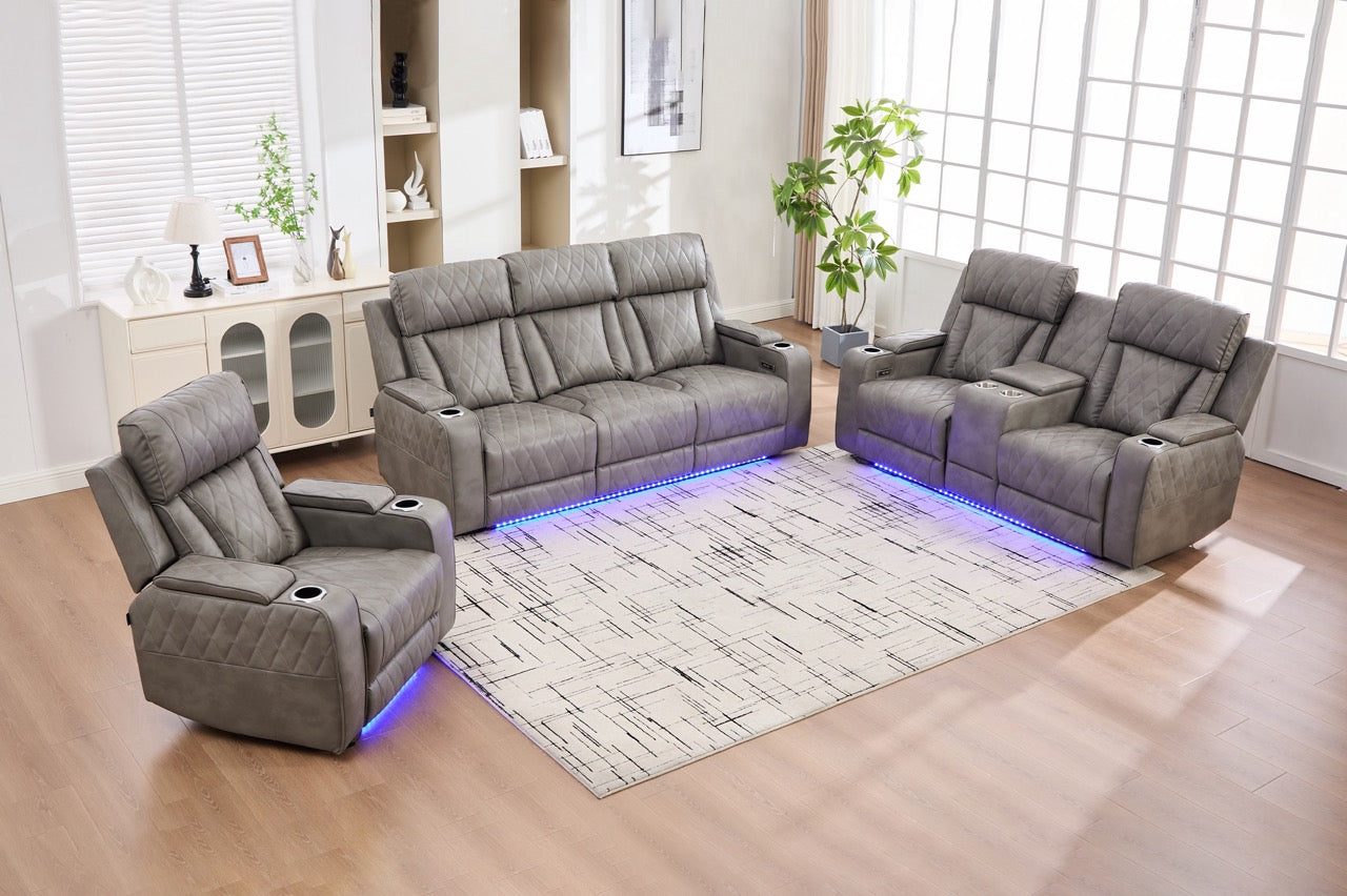 Set canapele dumonde 3+2+1, reclinere electrice, incarcare wireless, USB-C, suport pahare incalzite, lumini LED Selvar