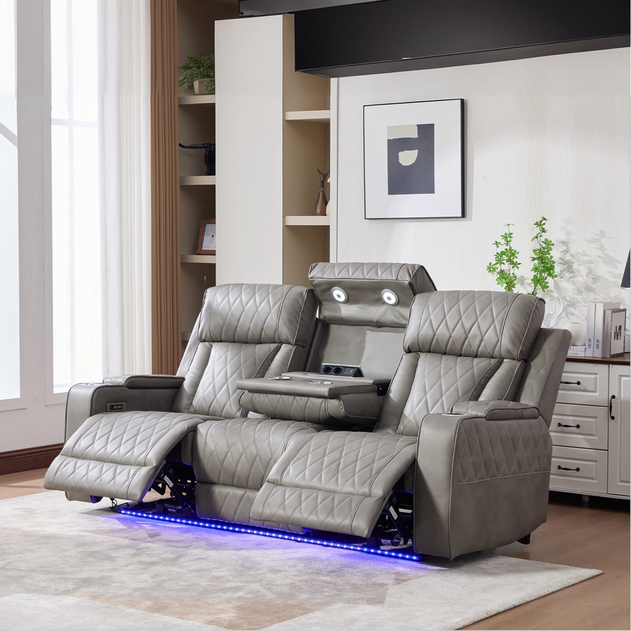 Set canapele dumonde 3+2+1, reclinere electrice, incarcare wireless, USB-C, suport pahare incalzite, lumini LED Selvar