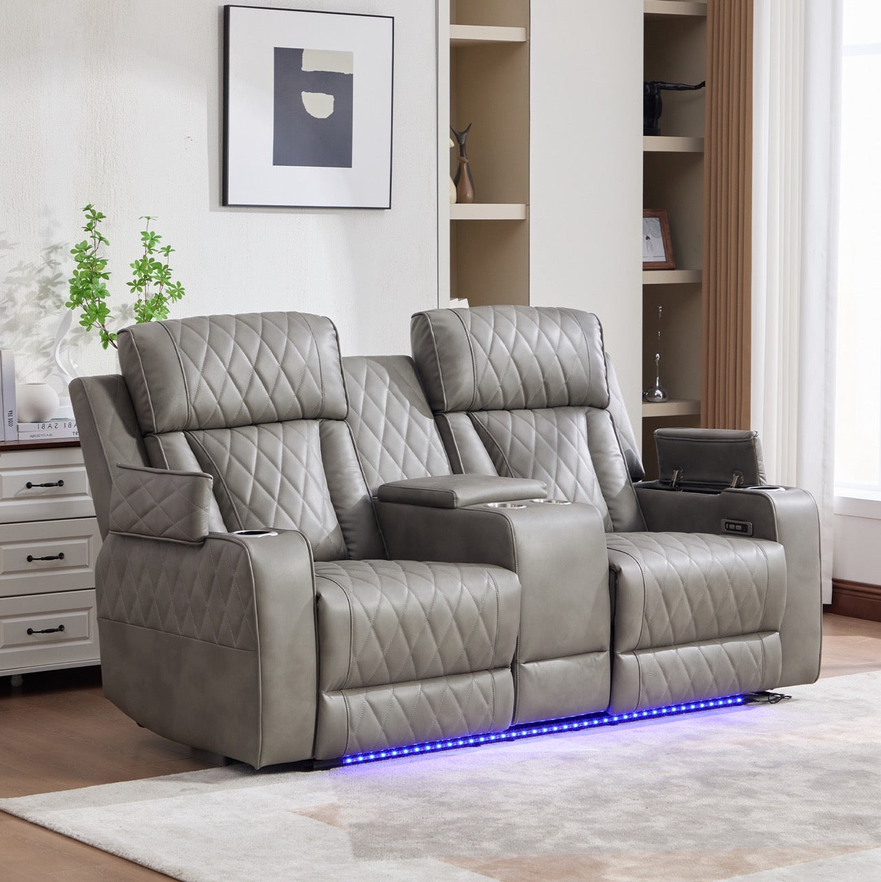 Set canapele dumonde 3+2+1, reclinere electrice, incarcare wireless, USB-C, suport pahare incalzite, lumini LED Selvar