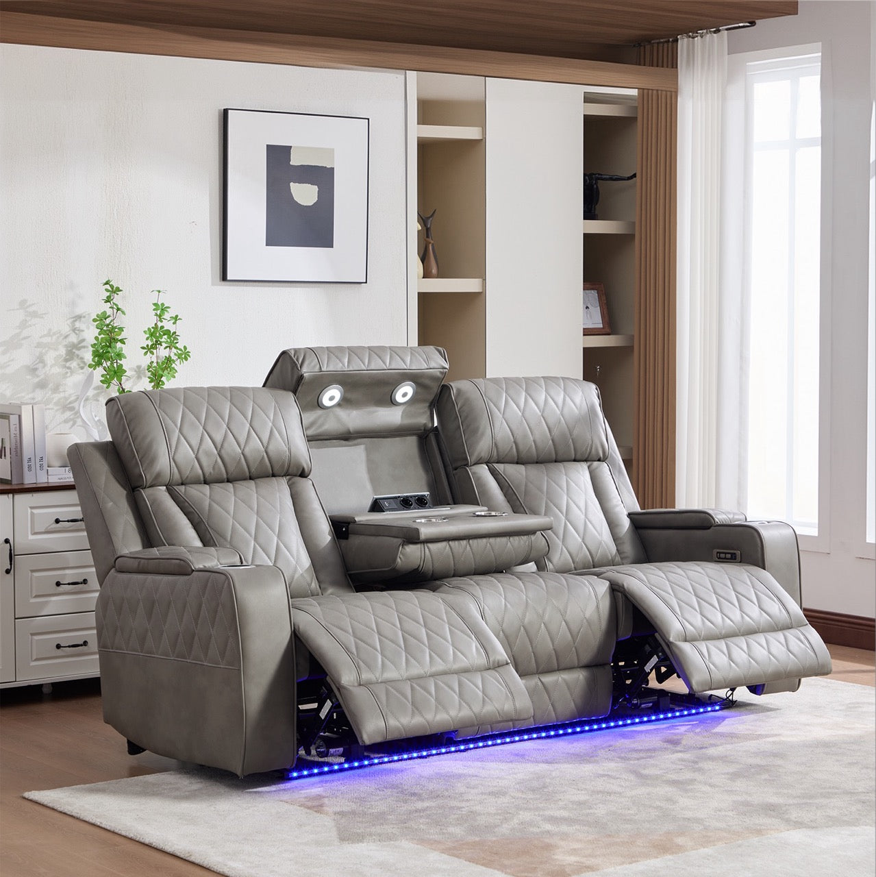 Set canapele dumonde 3+2+1, reclinere electrice, incarcare wireless, USB-C, suport pahare incalzite, lumini LED Selvar