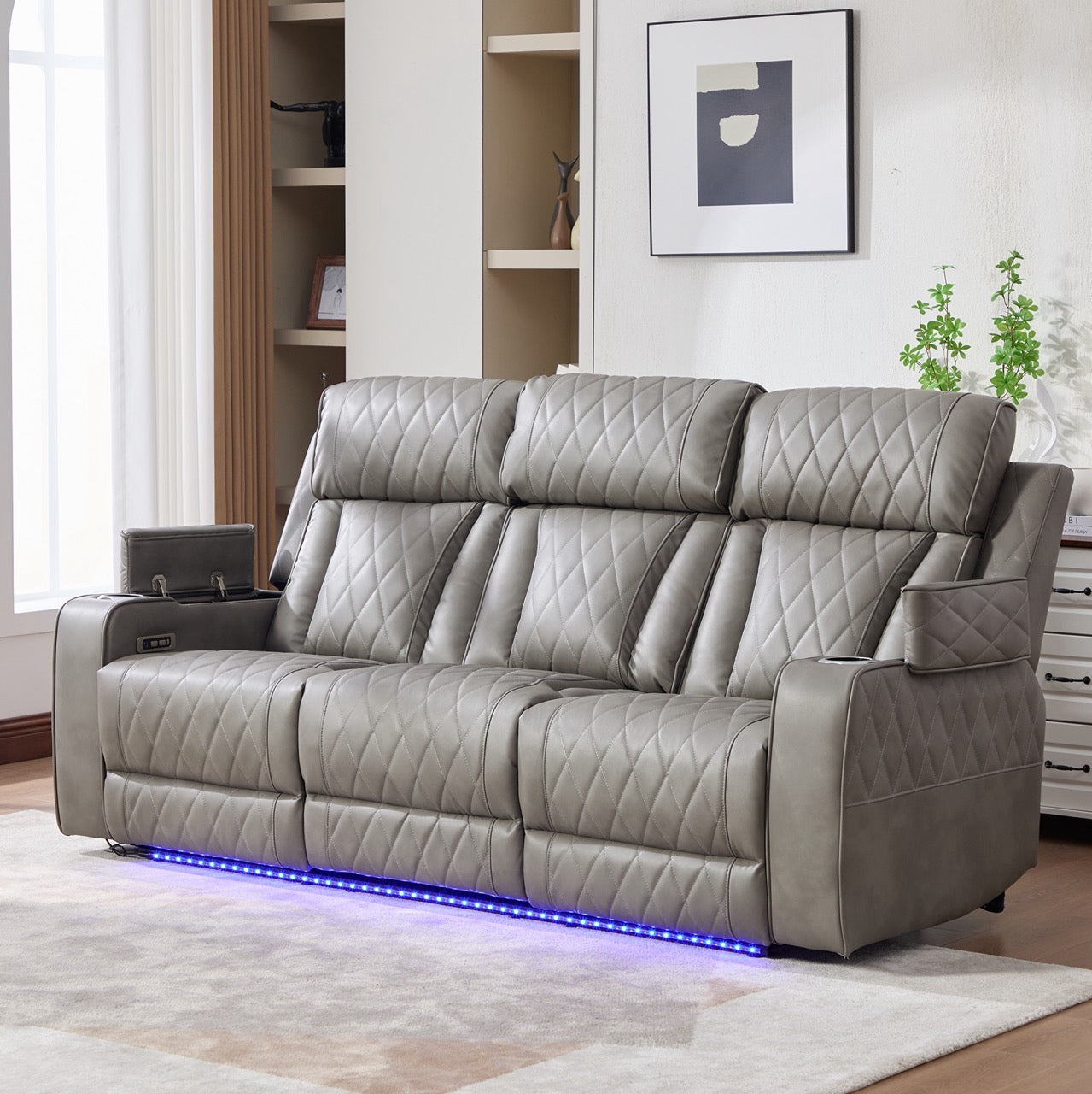 Set canapele dumonde 3+2+1, reclinere electrice, incarcare wireless, USB-C, suport pahare incalzite, lumini LED Selvar