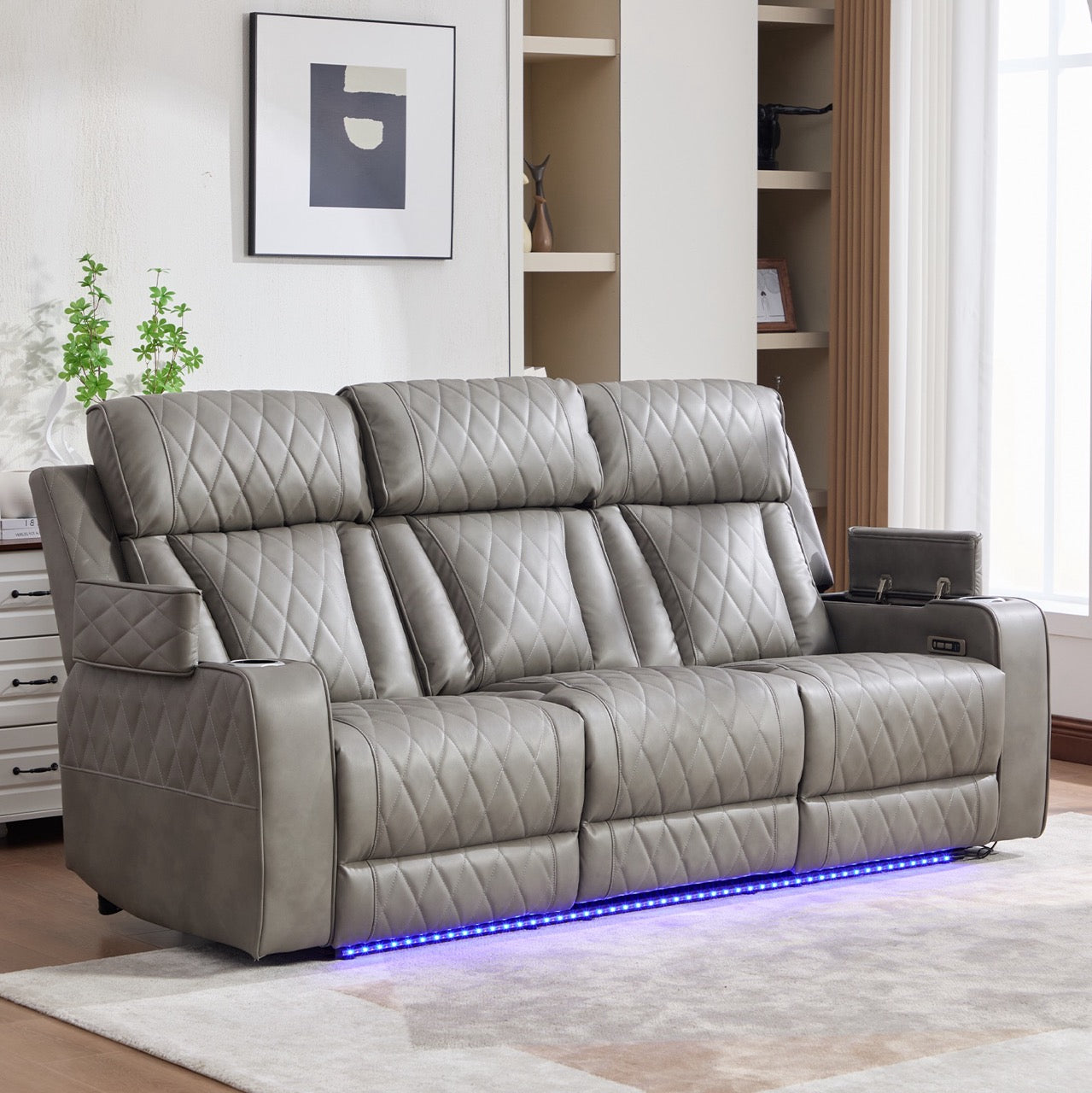 Set canapele dumonde 3+2+1, reclinere electrice, incarcare wireless, USB-C, suport pahare incalzite, lumini LED Selvar