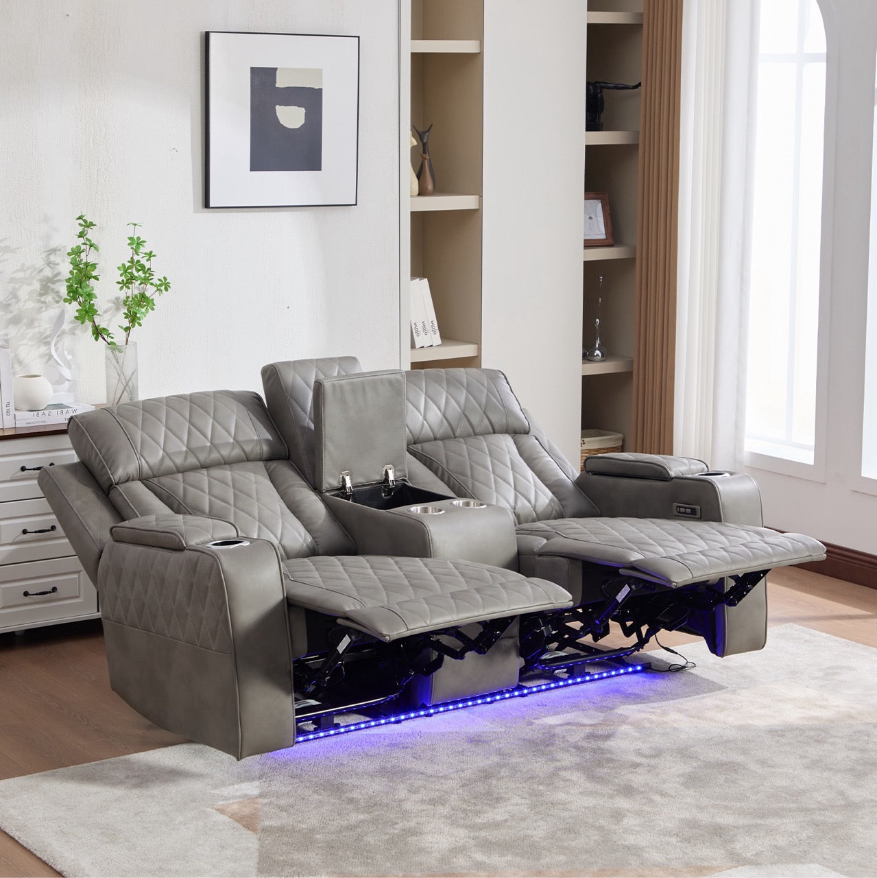 Set canapele dumonde 3+2+1, reclinere electrice, incarcare wireless, USB-C, suport pahare incalzite, lumini LED Selvar