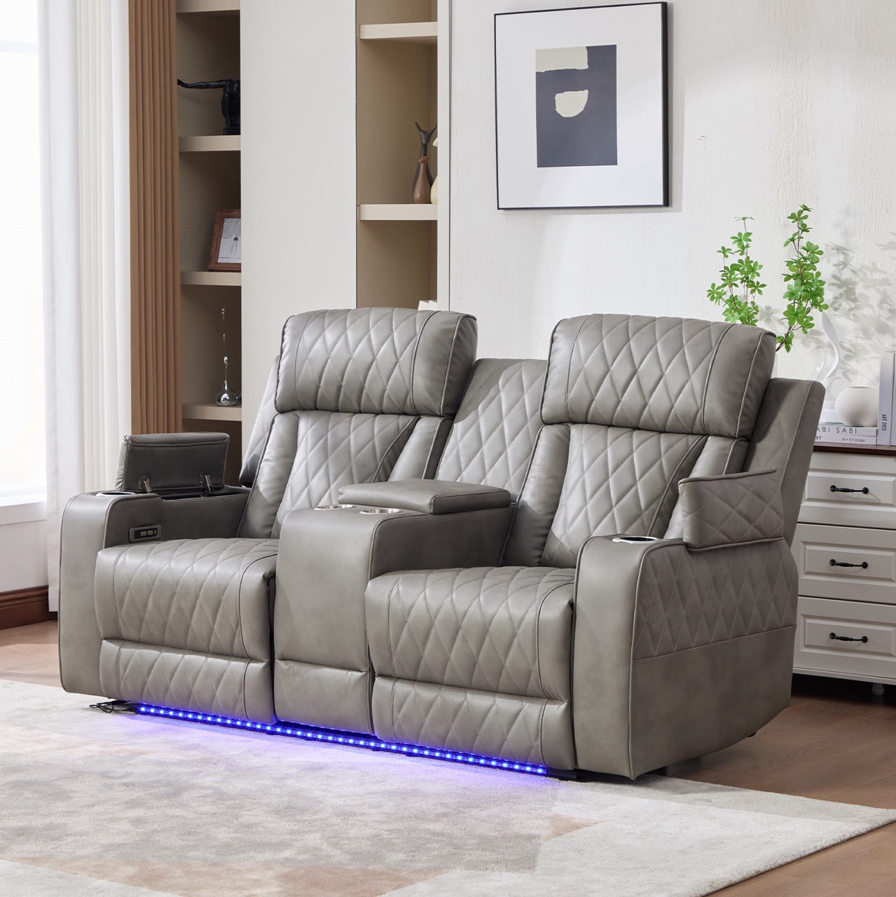 Set canapele dumonde 3+2+1, reclinere electrice, incarcare wireless, USB-C, suport pahare incalzite, lumini LED Selvar