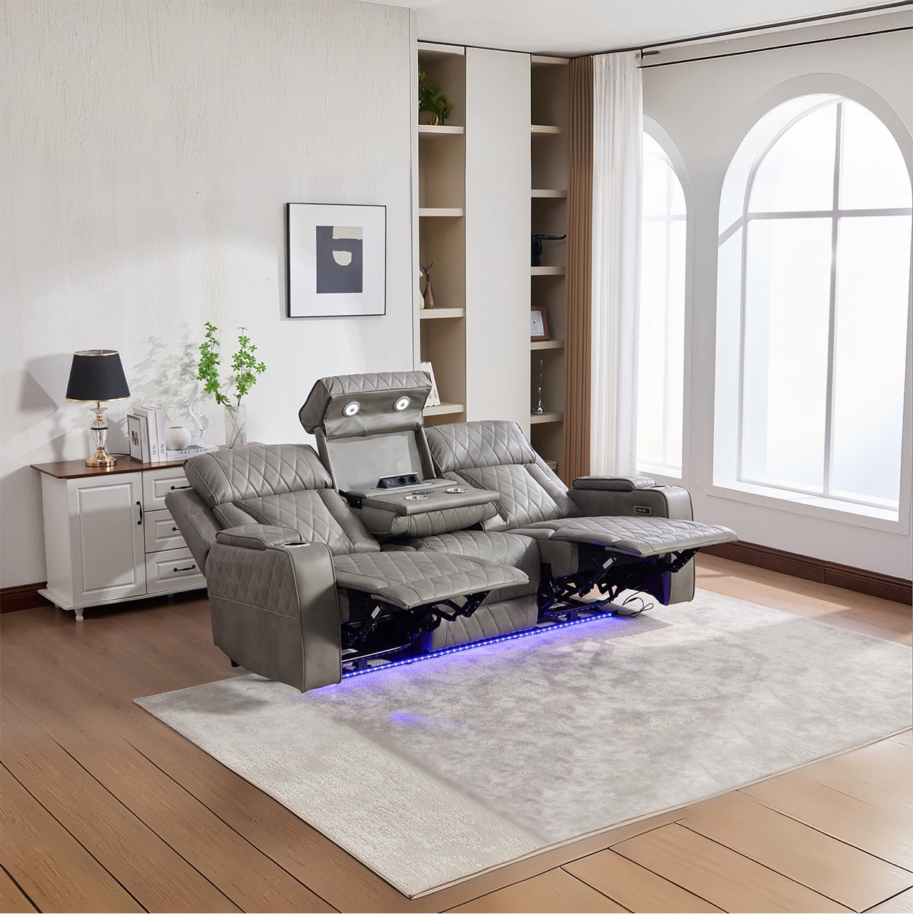 Set canapele dumonde 3+2+1, reclinere electrice, incarcare wireless, USB-C, suport pahare incalzite, lumini LED Selvar