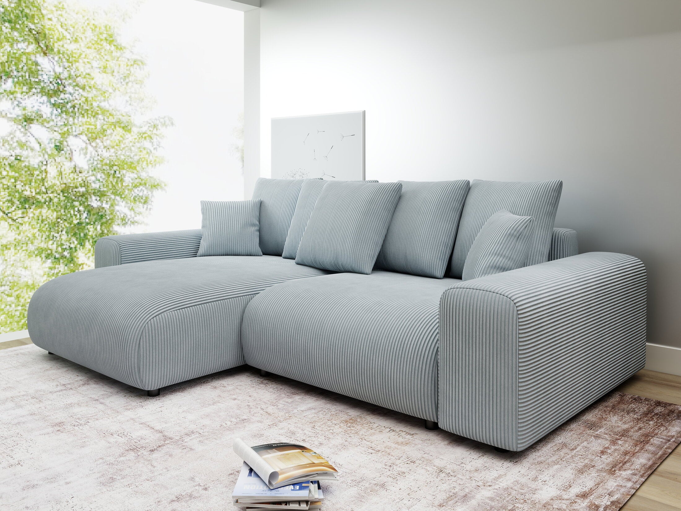 Colțar extensibil dumonde cu ladă de depozitare și șezut confortabil din spumă HR, Luma Zoom Gri Mint 255x168 cm