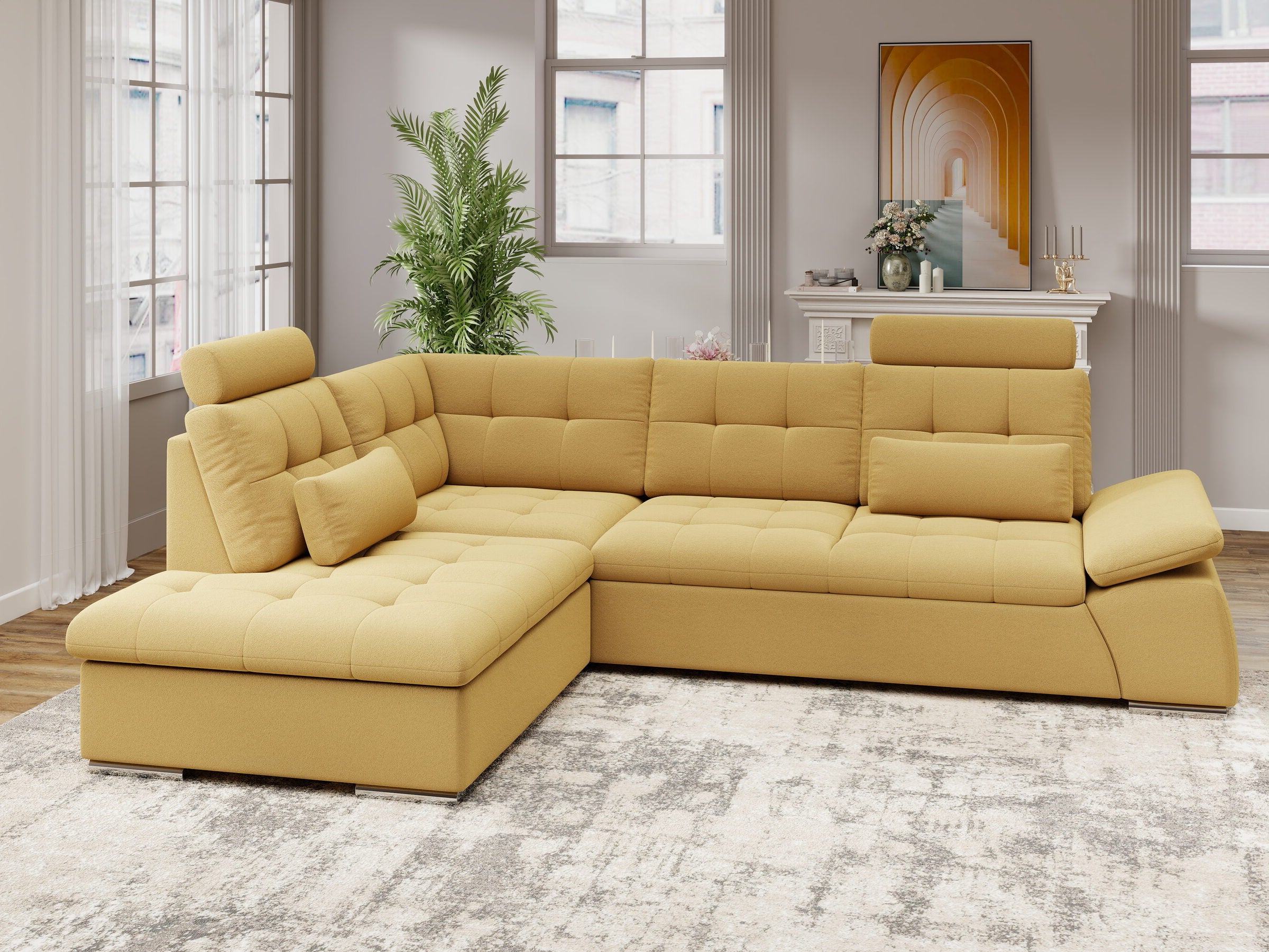 Colțar extensibil dumonde cu ladă de depozitare și șezut confortabil din spumă HR, Merkur XL Royal Mustar 256x217 cm