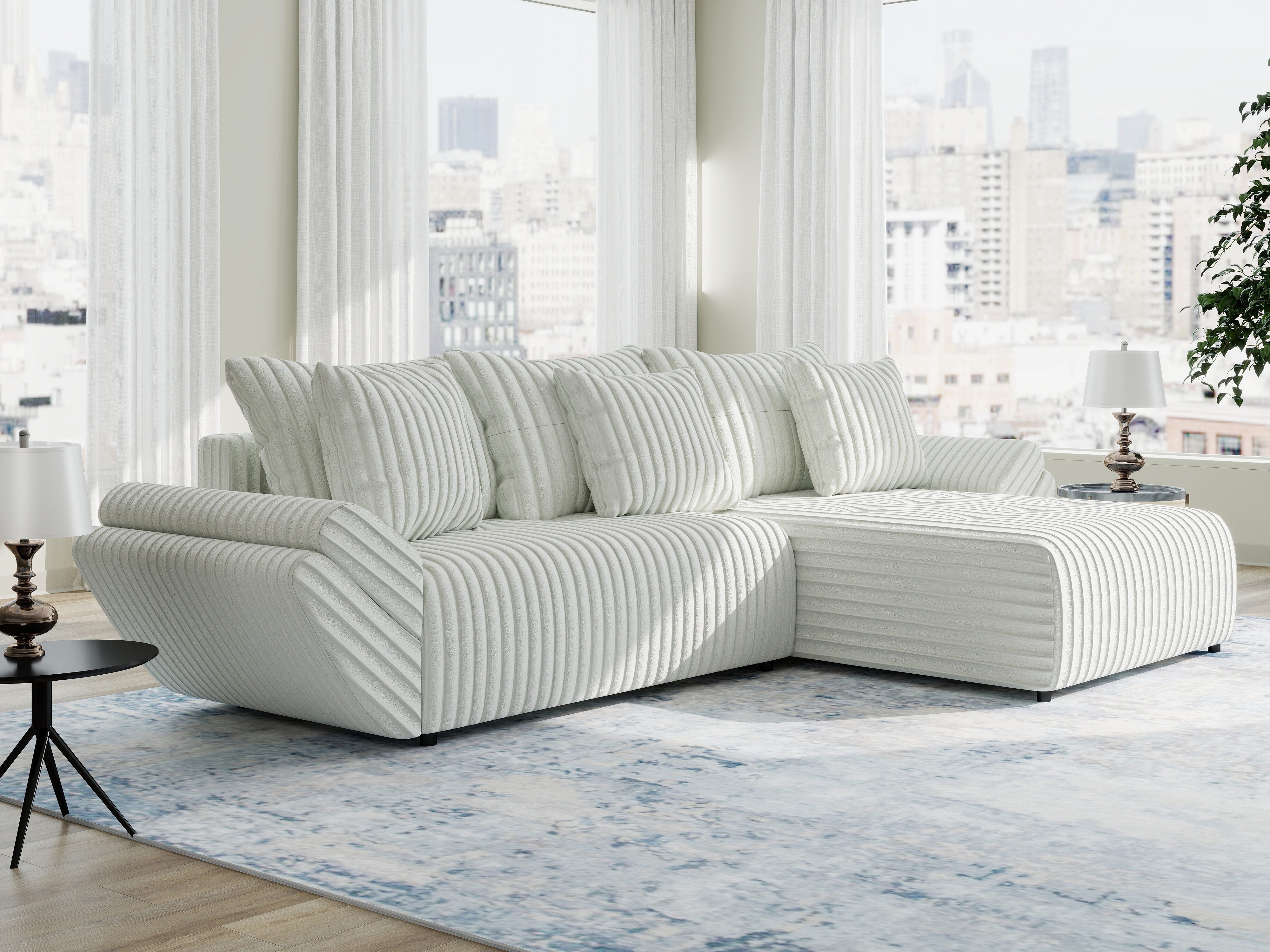 Colțar extensibil dumonde cu ladă de depozitare si sezut confortabil din spuma HR, Berlin Ambience Alb 280x185 cm II