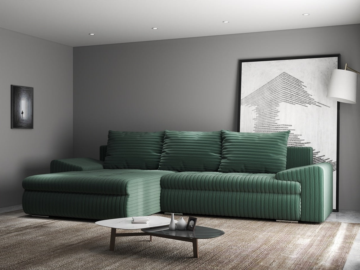 Colțar extensibil dumonde cu ladă de depozitare si sezut confortabil din spuma HR, Leonardo Ambience Verde 255x193 cm