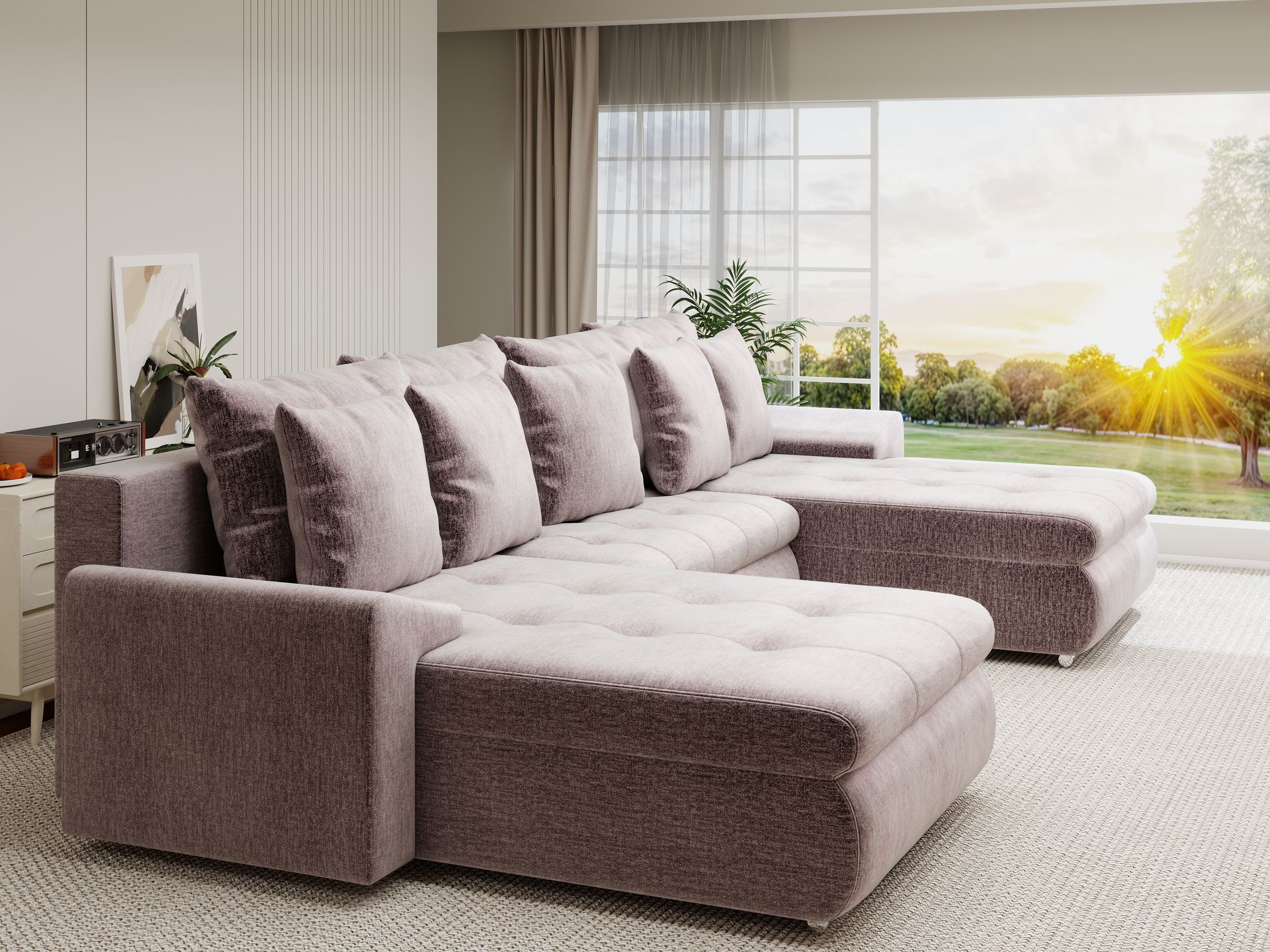 Colțar extensibil dumonde cu ladă de depozitare si sezut confortabil din spuma high-density, Leonardo U Monolith Roz Pudrat 62 360x185 cm