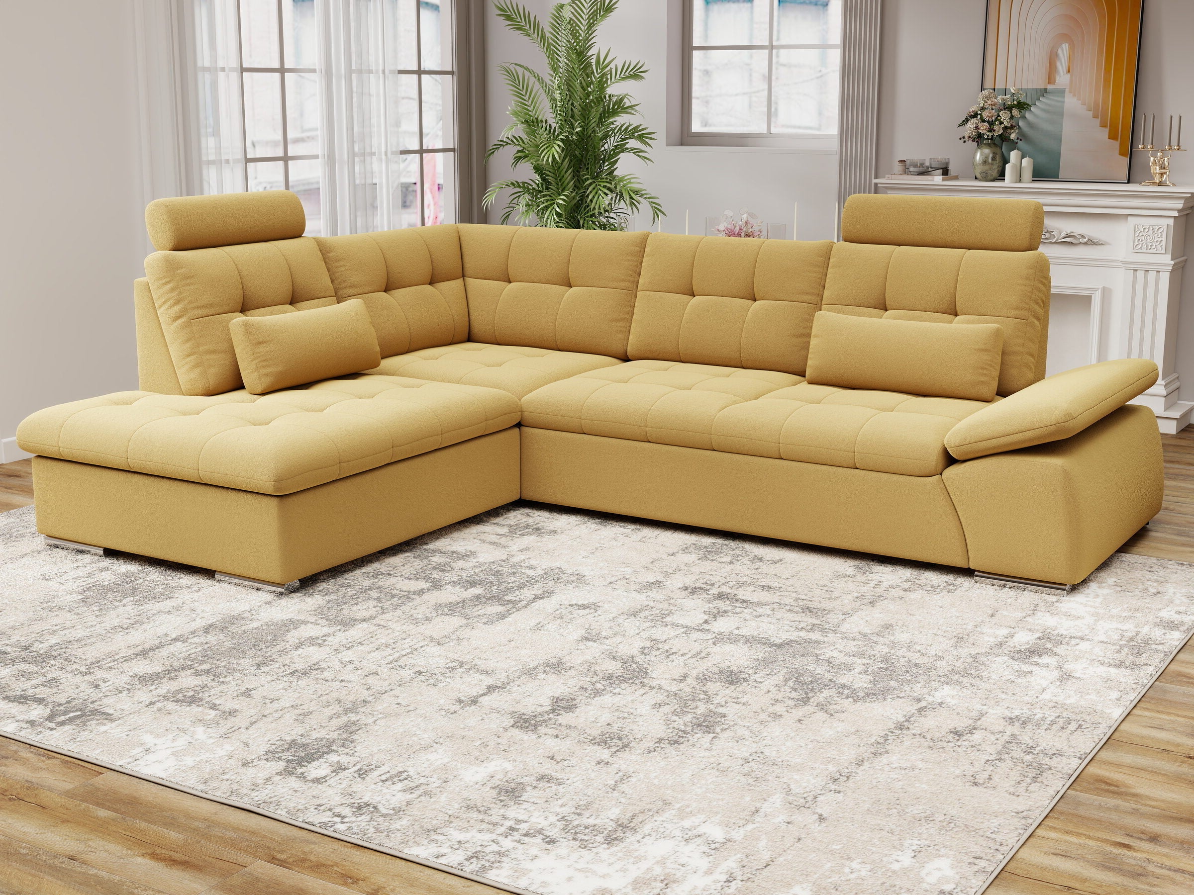 Colțar extensibil dumonde cu ladă de depozitare și șezut confortabil din spumă HR, Merkur XL Royal Mustar 256x217 cm