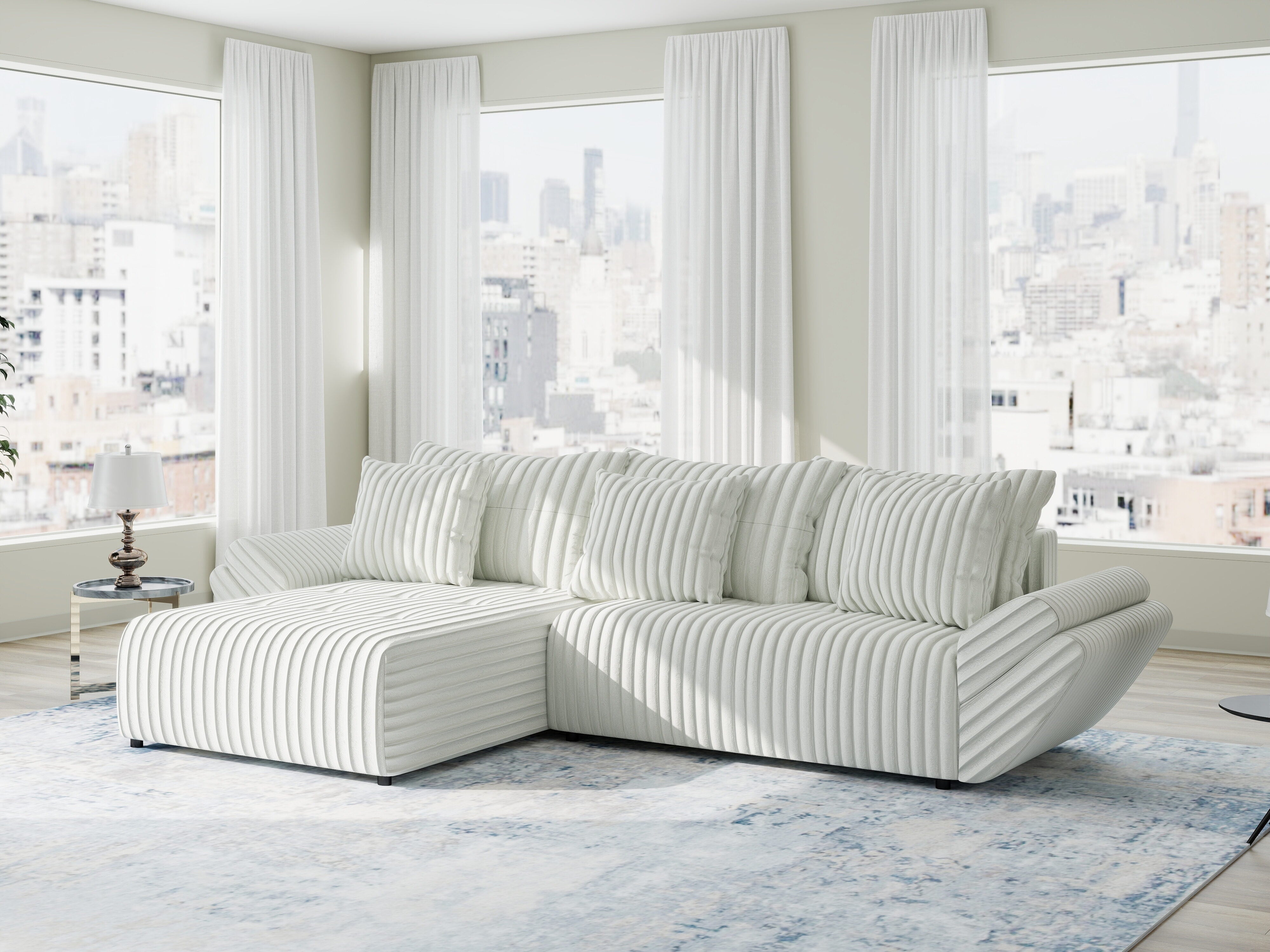 Colțar extensibil dumonde cu ladă de depozitare si sezut confortabil din spuma HR, Berlin Ambience Alb 280x185 cm