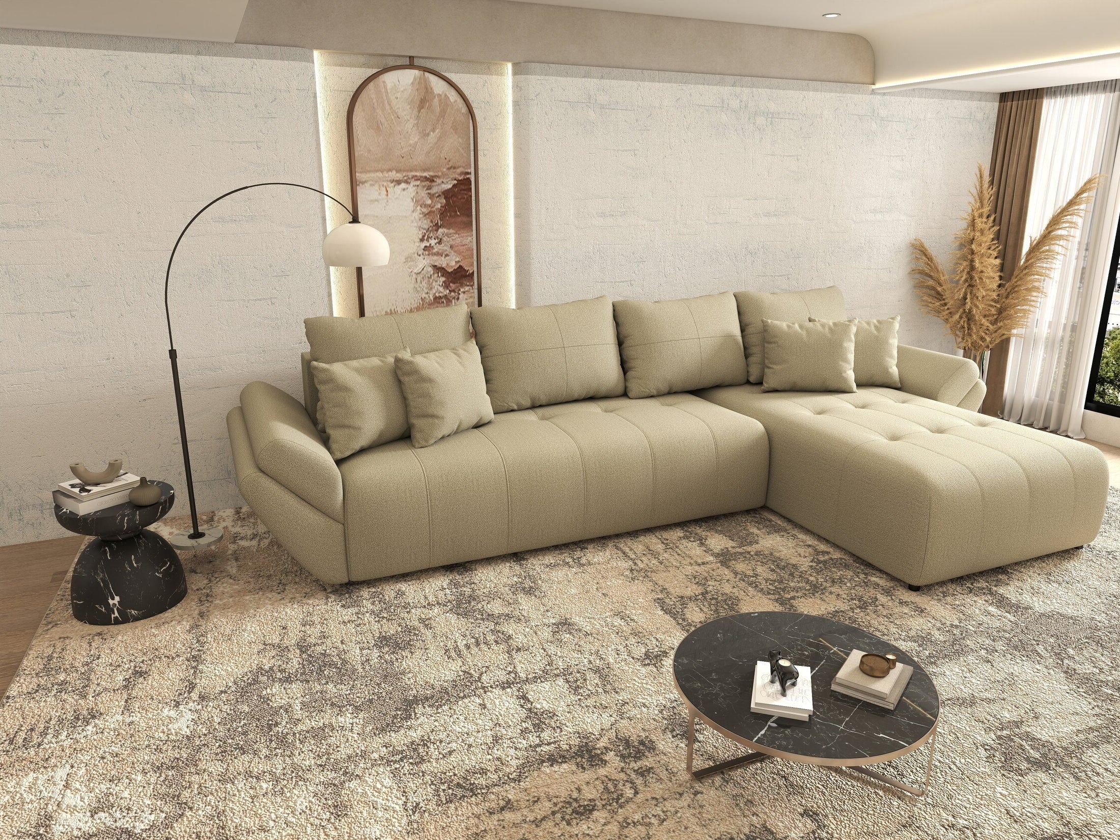 Colțar extensibil dumonde cu ladă de depozitare si sezut confortabil din spuma HR, Berlin XL Enjoy Camel 350x185 cm II