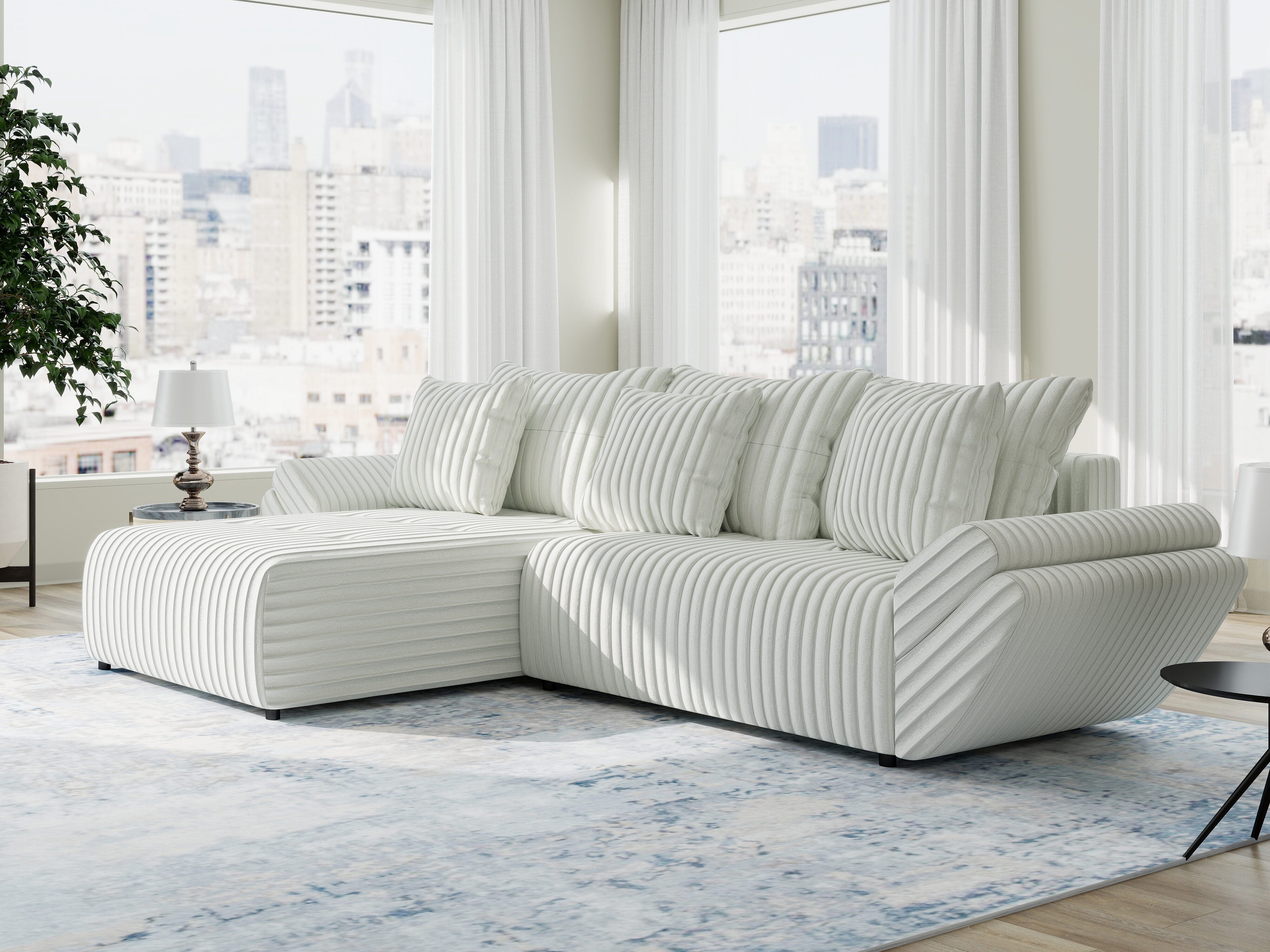 Colțar extensibil dumonde cu ladă de depozitare si sezut confortabil din spuma HR, Berlin Ambience Alb 280x185 cm