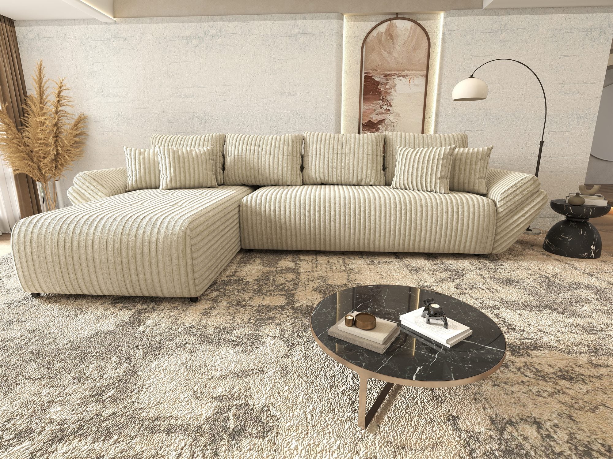 Colțar extensibil dumonde cu ladă de depozitare si sezut confortabil din spuma high-density, Berlin XL Tilia Bej 08 350x185 cm