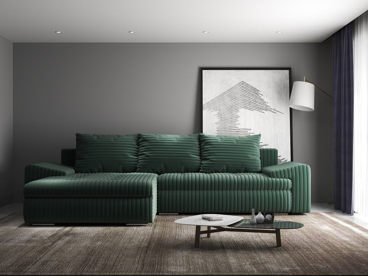 Colțar extensibil dumonde cu ladă de depozitare si sezut confortabil din spuma HR, Leonardo Ambience Verde 255x193 cm