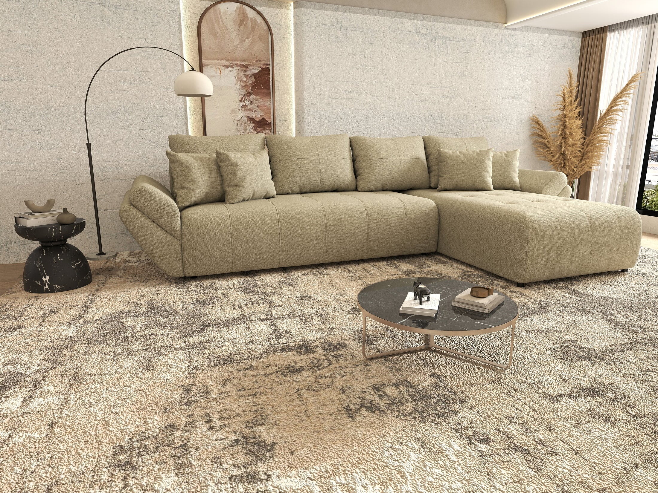 Colțar extensibil dumonde cu ladă de depozitare si sezut confortabil din spuma HR, Berlin XL Enjoy Camel 350x185 cm II