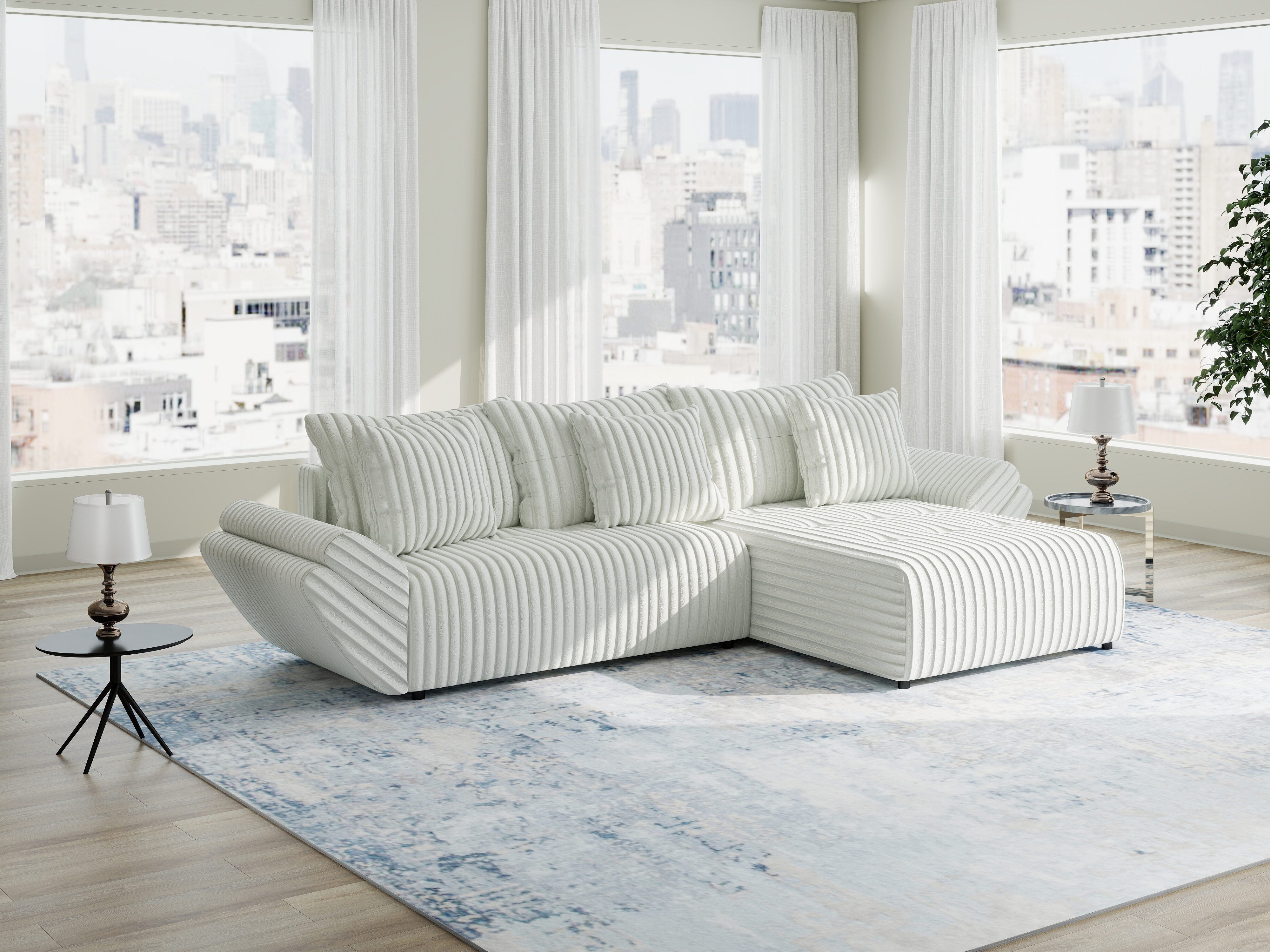 Colțar extensibil dumonde cu ladă de depozitare si sezut confortabil din spuma HR, Berlin Ambience Alb 280x185 cm II