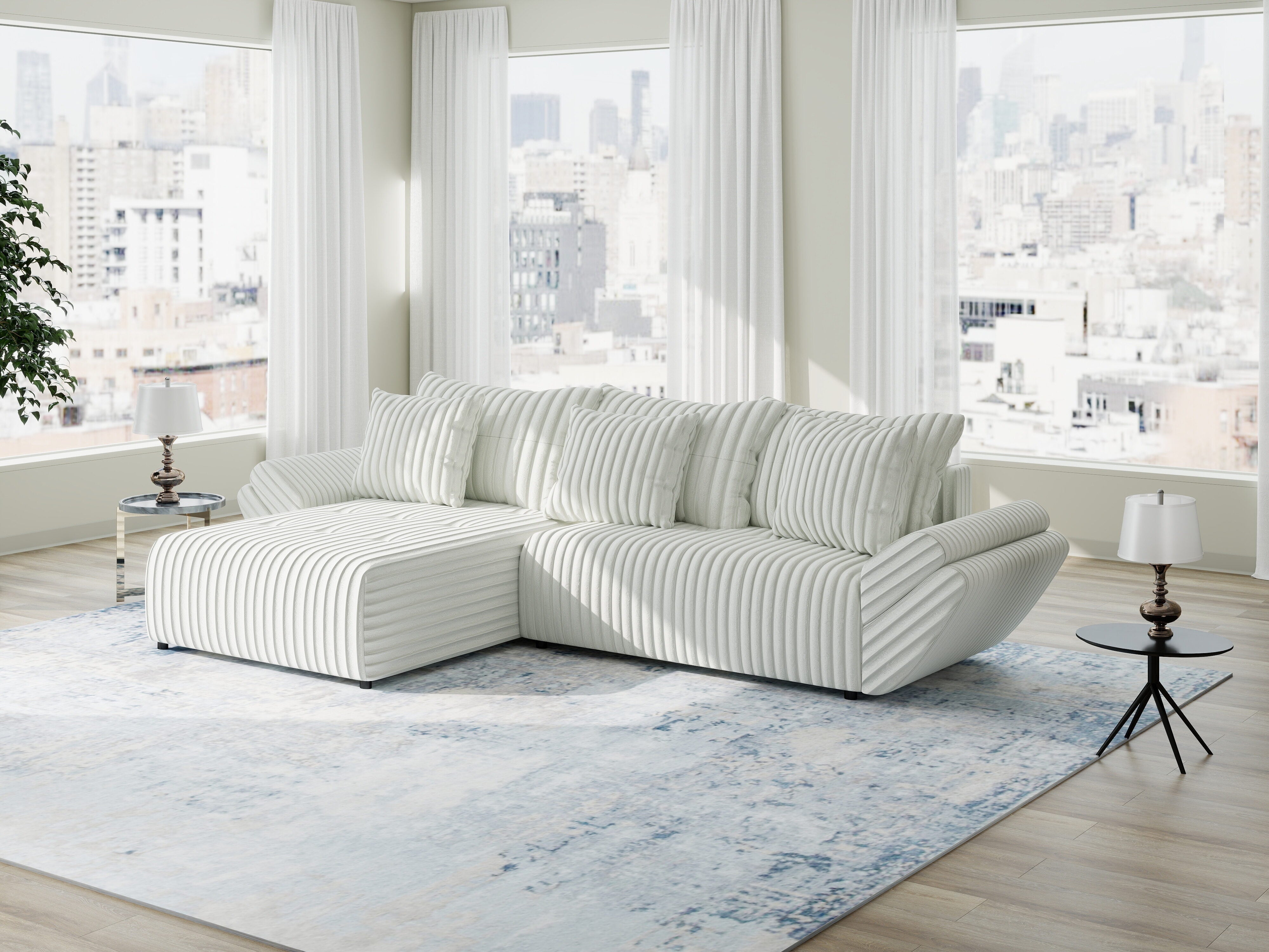 Colțar extensibil dumonde cu ladă de depozitare si sezut confortabil din spuma HR, Berlin Ambience Alb 280x185 cm