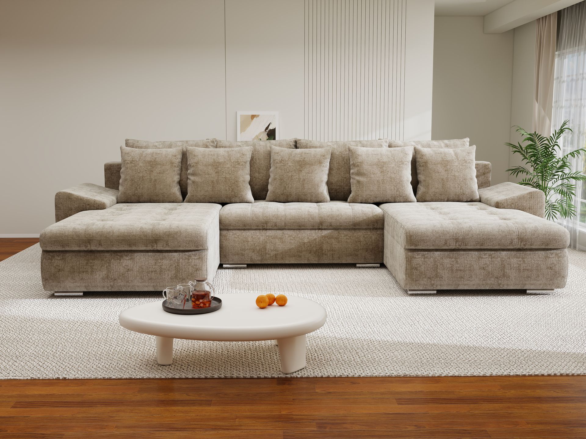 Colțar extensibil dumonde cu ladă de depozitare si sezut confortabil din spuma high-density, Leonardo U Cremona Bej 14 360x185 cm