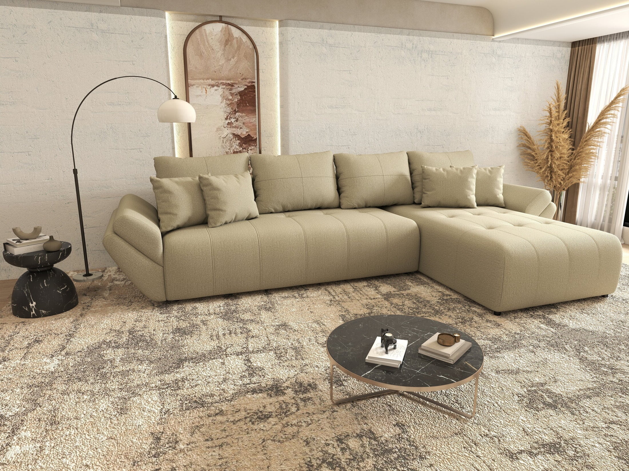 Colțar extensibil dumonde cu ladă de depozitare si sezut confortabil din spuma HR, Berlin XL Enjoy Camel 350x185 cm II