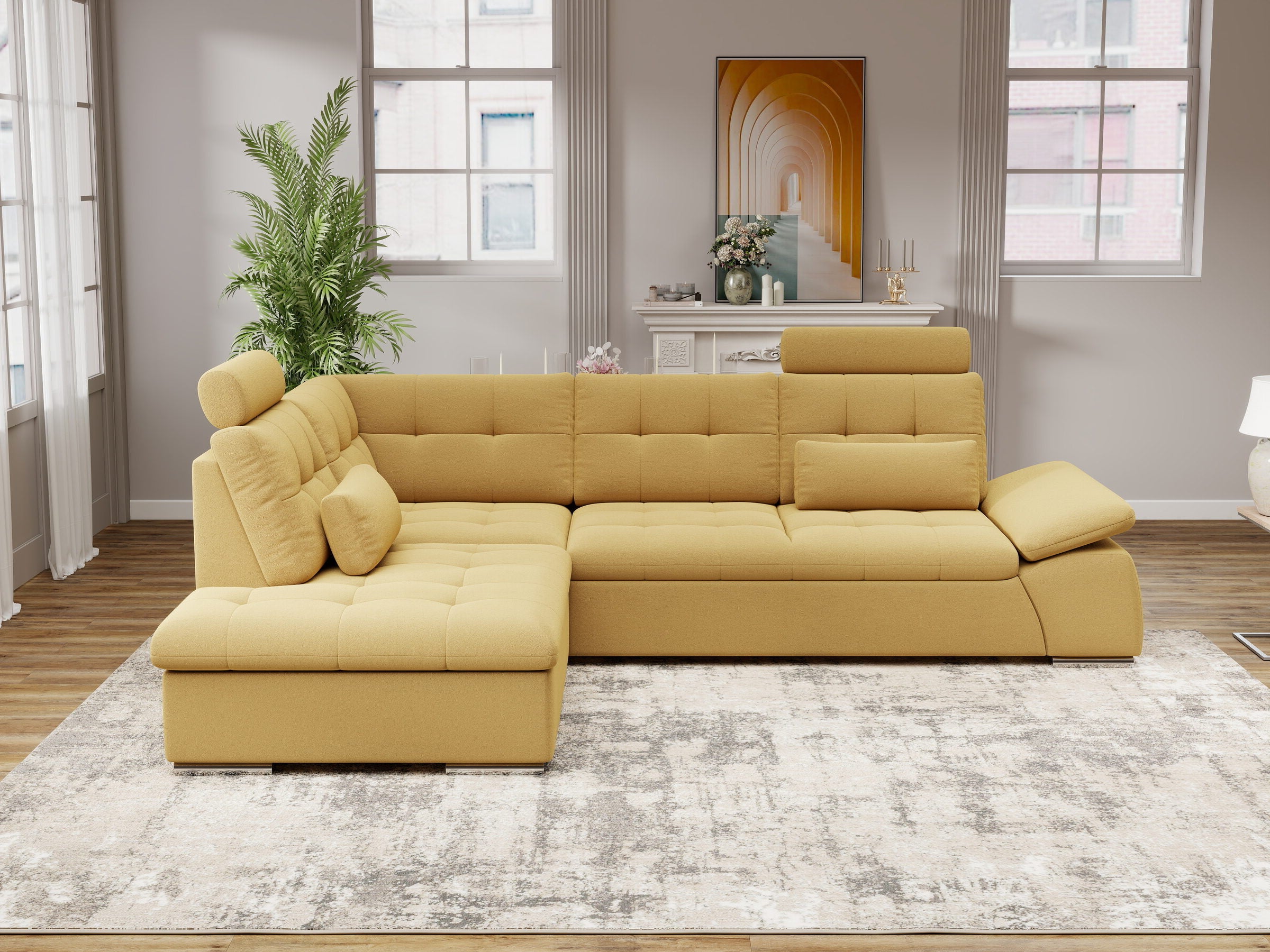 Colțar extensibil dumonde cu ladă de depozitare și șezut confortabil din spumă HR, Merkur XL Royal Mustar 256x217 cm